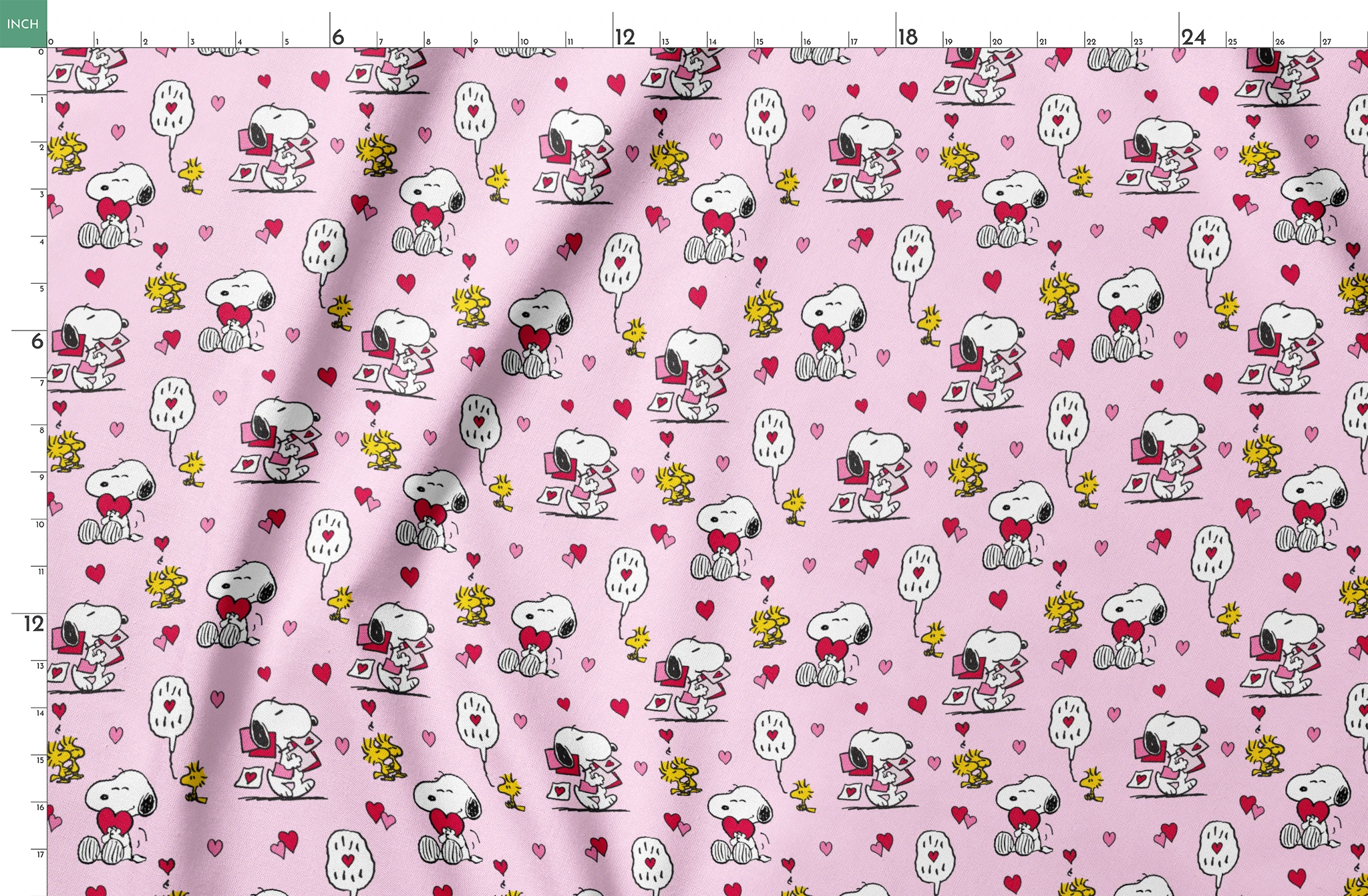 Valentine's pattern with Snoopy, Woodstock, and hearts on pink background, featuring love letters and speech bubbles. springs fatquarter mockup