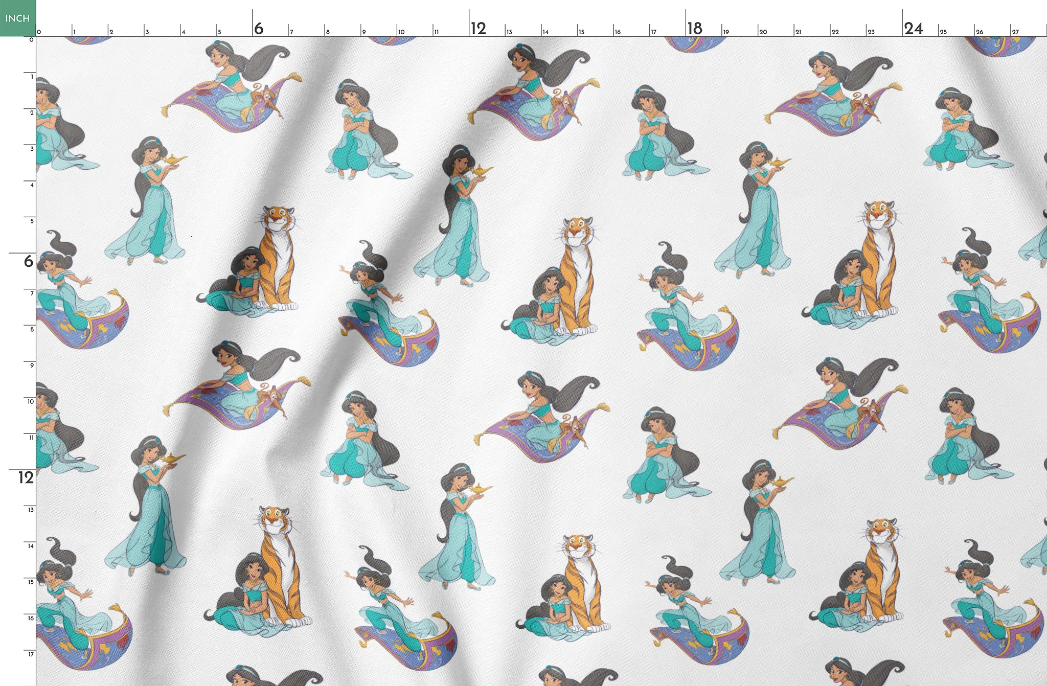 Cartoon pattern featuring a princess in teal outfit with long black hair in various poses with a magic carpet and tiger springs fatquarter mockup