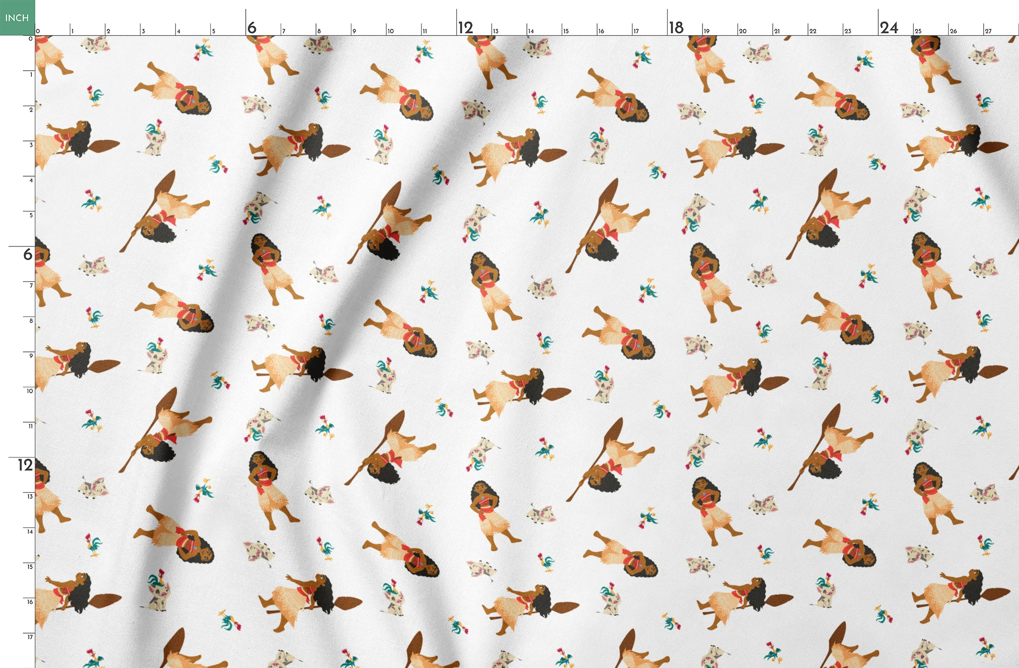 Moana pattern on white background with colorful cartoon animals in repeating design springs fatquarter mockup