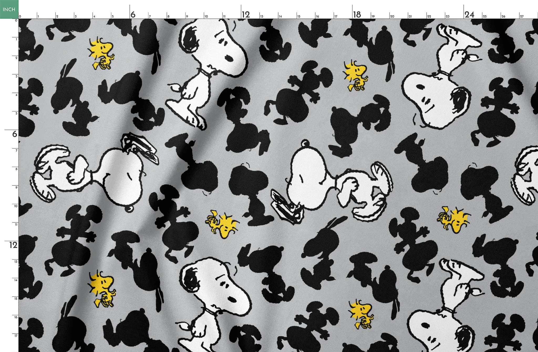 Pattern of Snoopy and Woodstock on gray background with black silhouettes springs fatquarter mockup