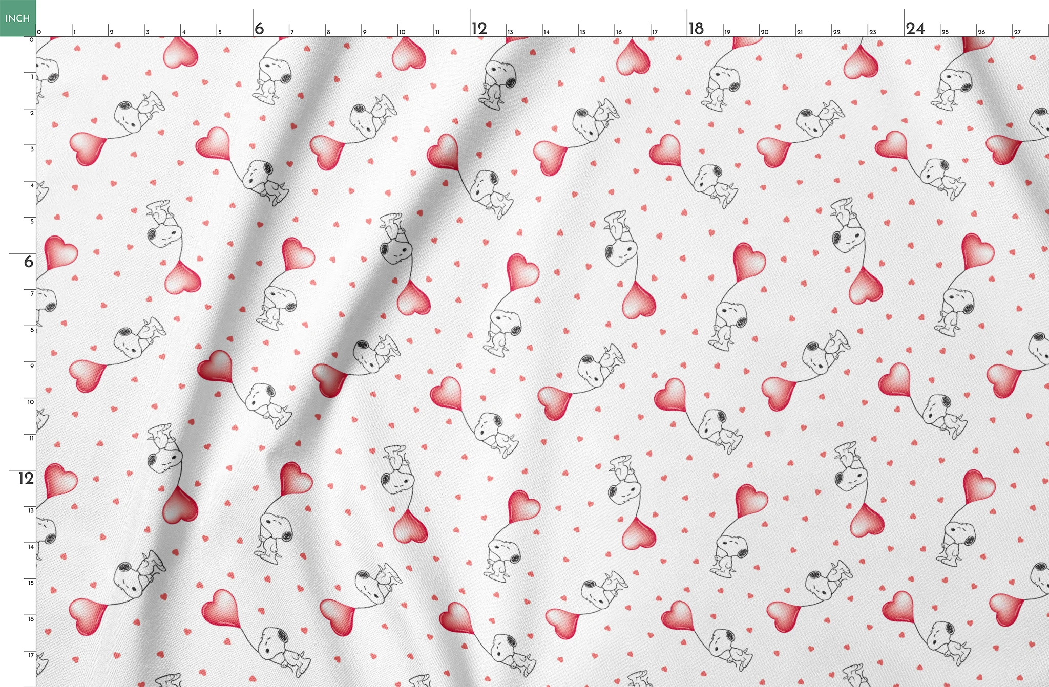 Cute Snoopy holding heart-shaped balloons with small hearts scattered on white background springs fatquarter mockup