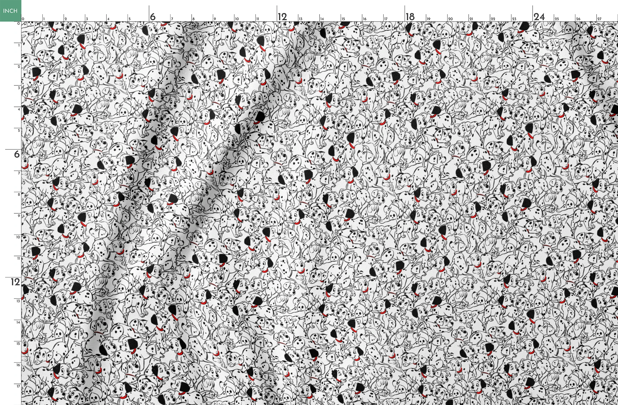 A densely packed pattern of Dalmatian puppies with black spots and red collars, creating a whimsical black and white illustration. springs fatquarter mockup