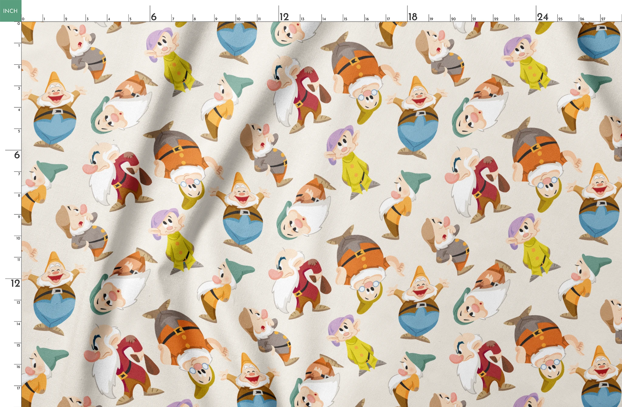 Colorful pattern of small cartoon dwarfs in different colored outfits and hats scattered on cream background springs fatquarter mockup