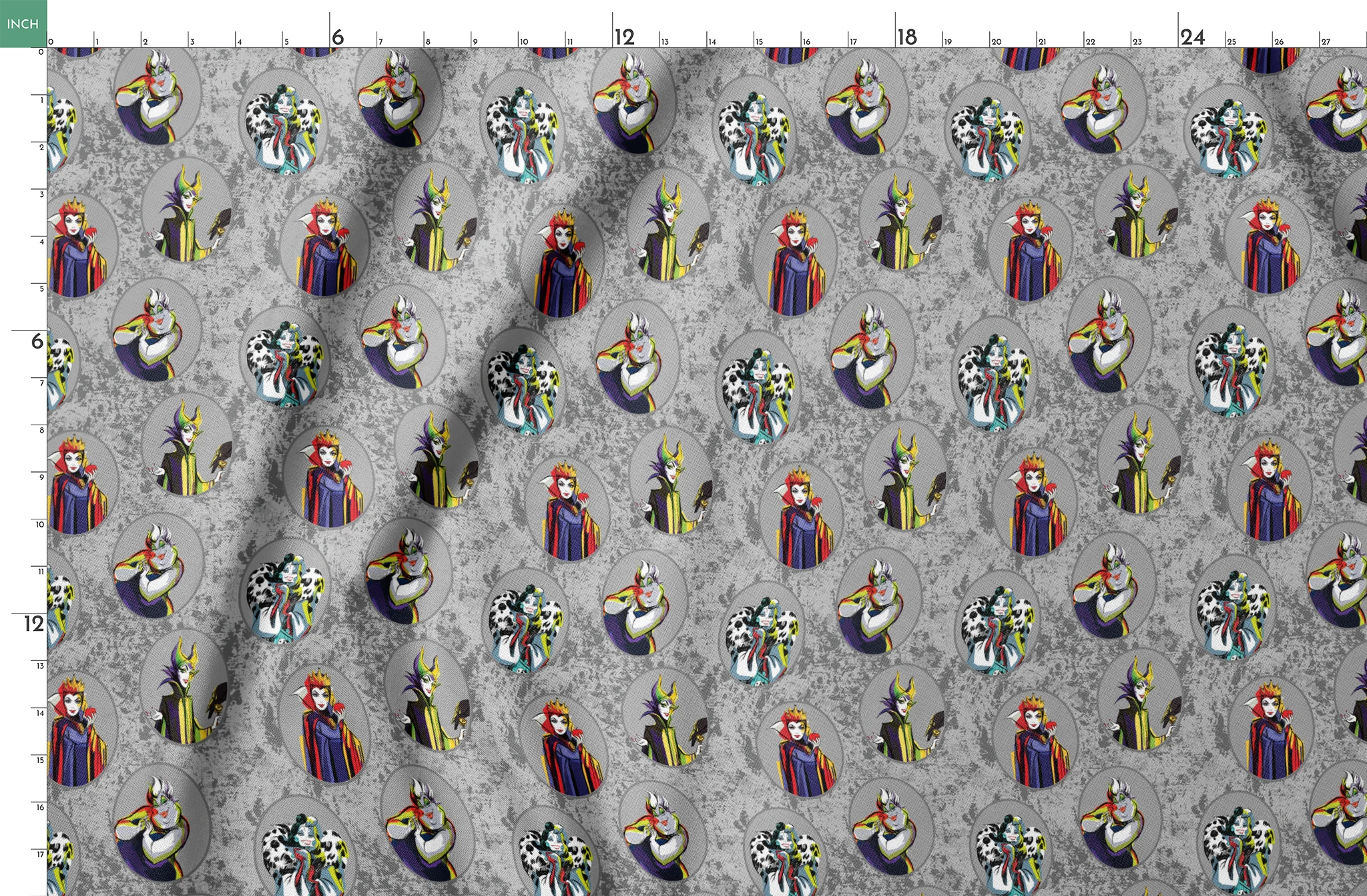 Disney villain characters in oval portraits on gray marbled background, including Ursula, Maleficent, Cruella, and Evil Queen springs fatquarter mockup