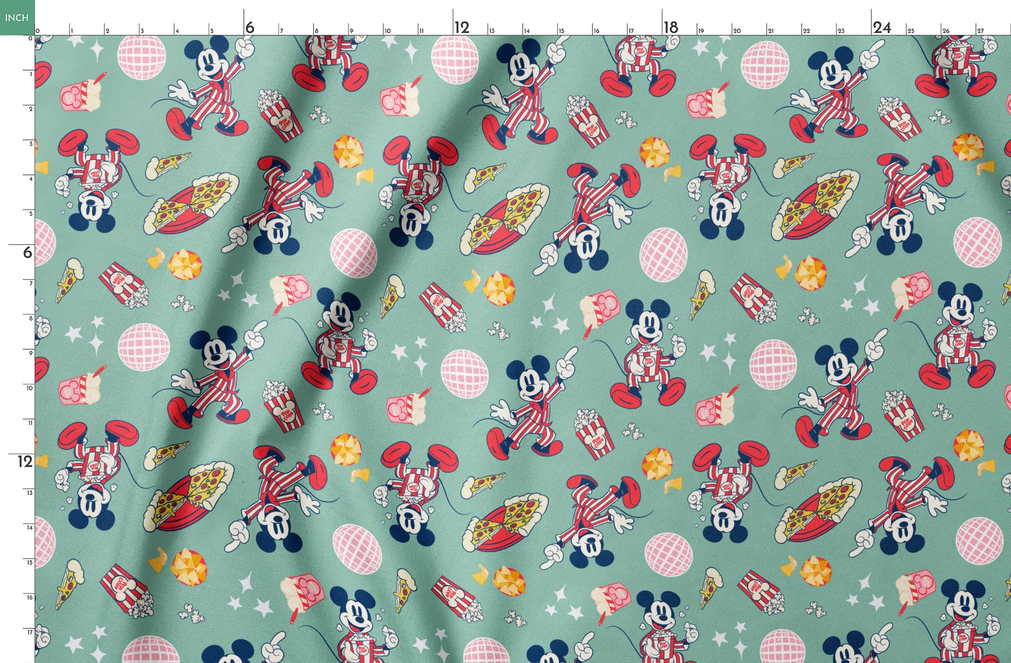 Mickey Mouse in red striped outfits with disco balls, pizza, popcorn, and snacks on mint green background. springs fatquarter mockup