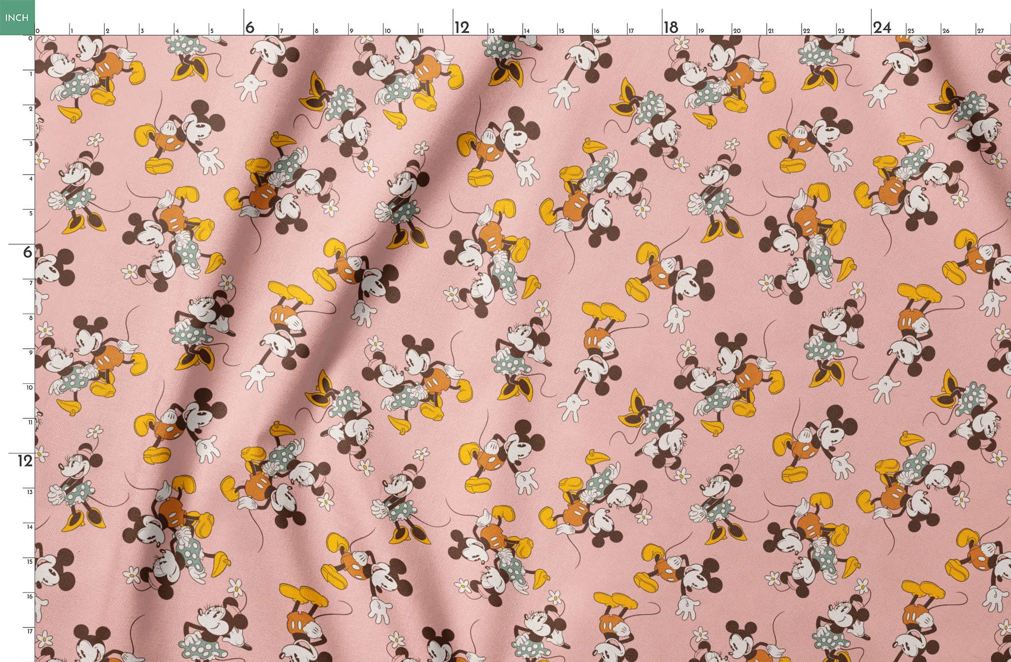 Mickey and Minnie Mouse characters in vintage style on pink background with repeated pattern springs fatquarter mockup