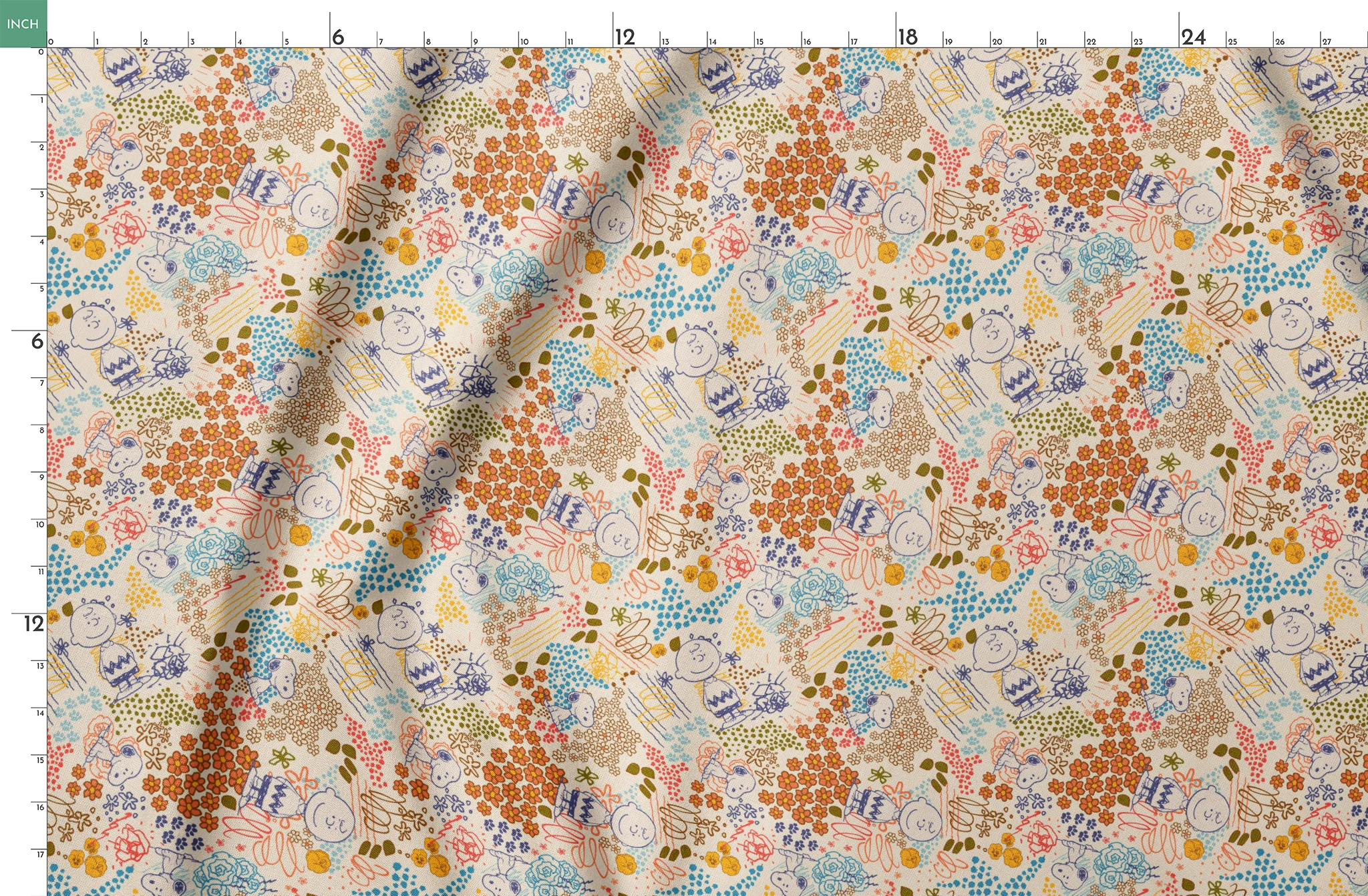 Colorful pattern with Peanuts characters sketches, floral designs, and dots in orange, blue, yellow, and green on a cream background springs fatquarter mockup