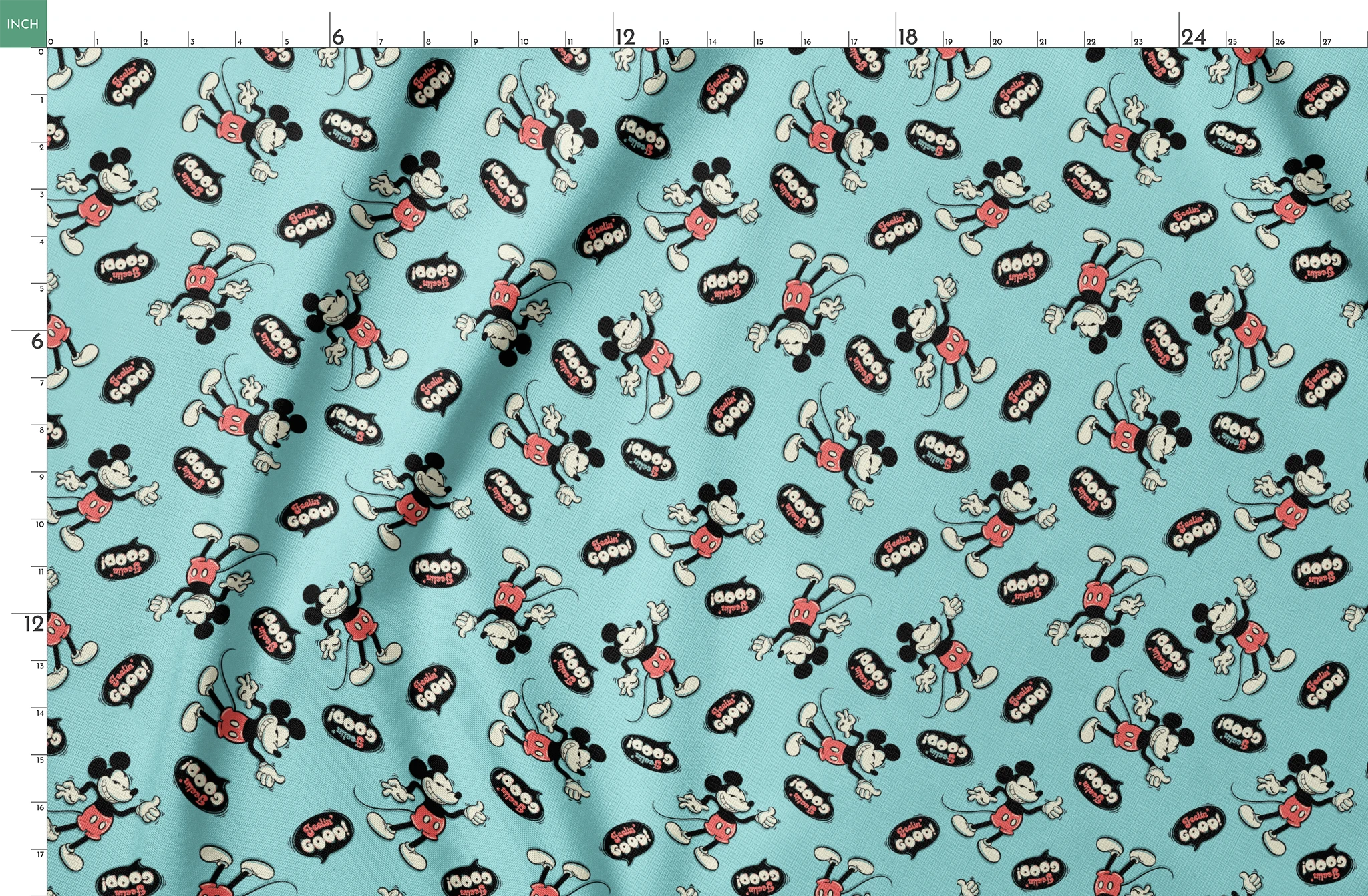 Mickey Mouse pattern on teal background with cartoon characters and "Gosh!" speech bubbles springs fatquarter mockup