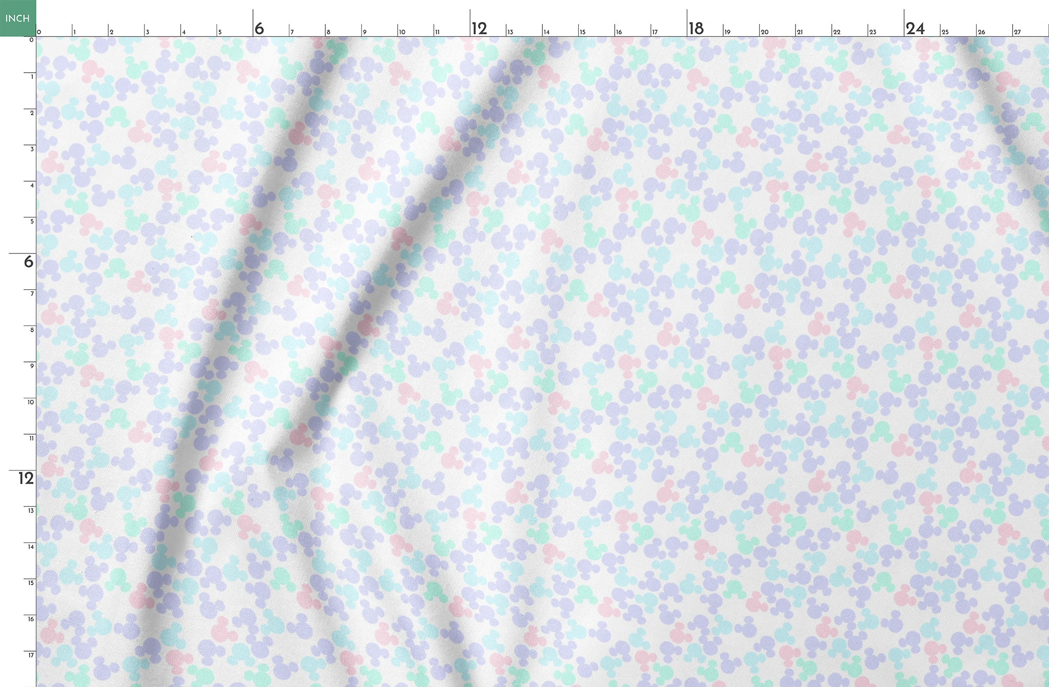 Pastel circular pattern with purple, light blue, green, and pink bubble shapes on white background springs fatquarter mockup