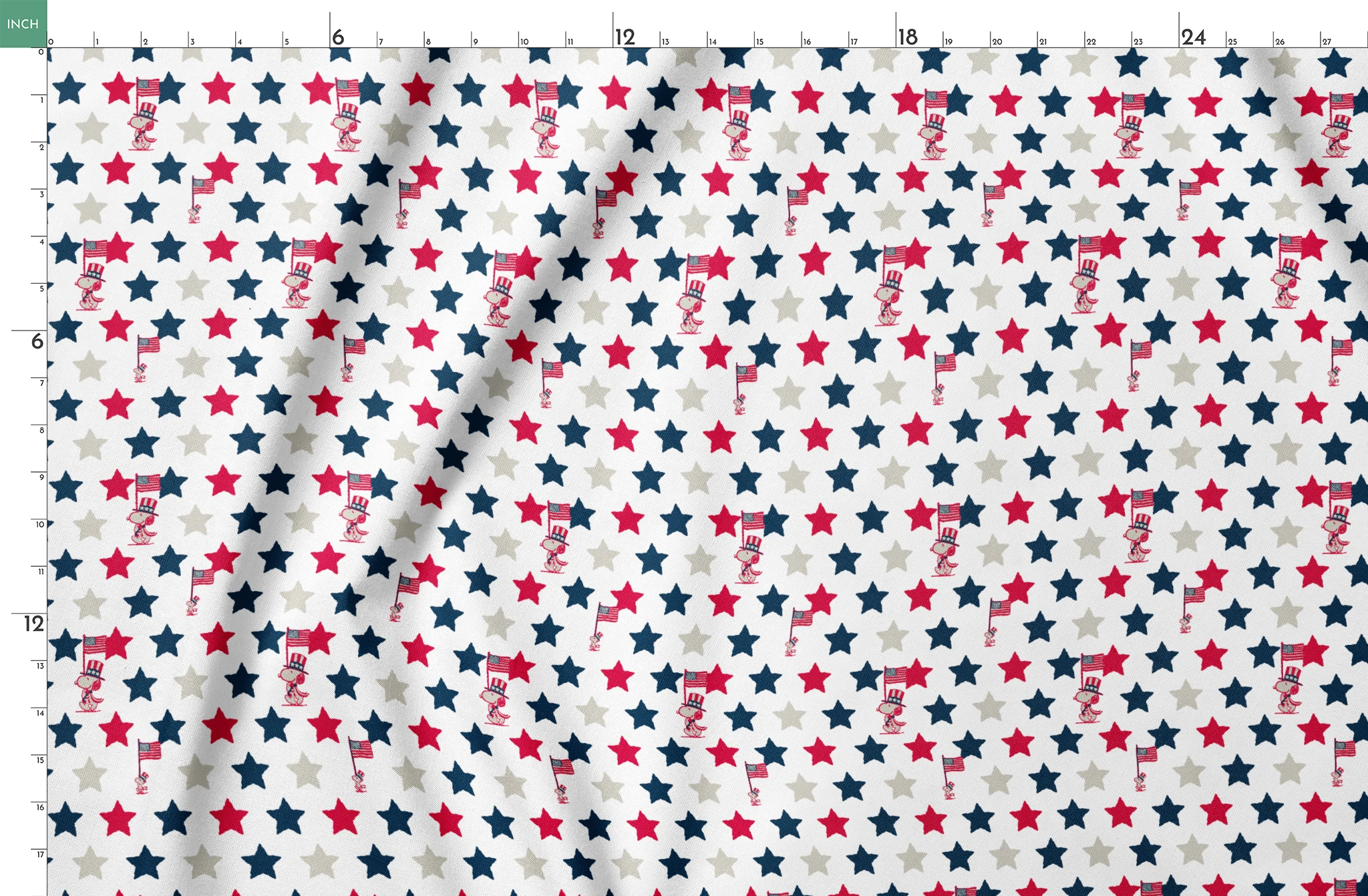 Peanuts Patriotic pattern with red, white, and blue stars alongside American flag poles on white background springs fatquarter mockup