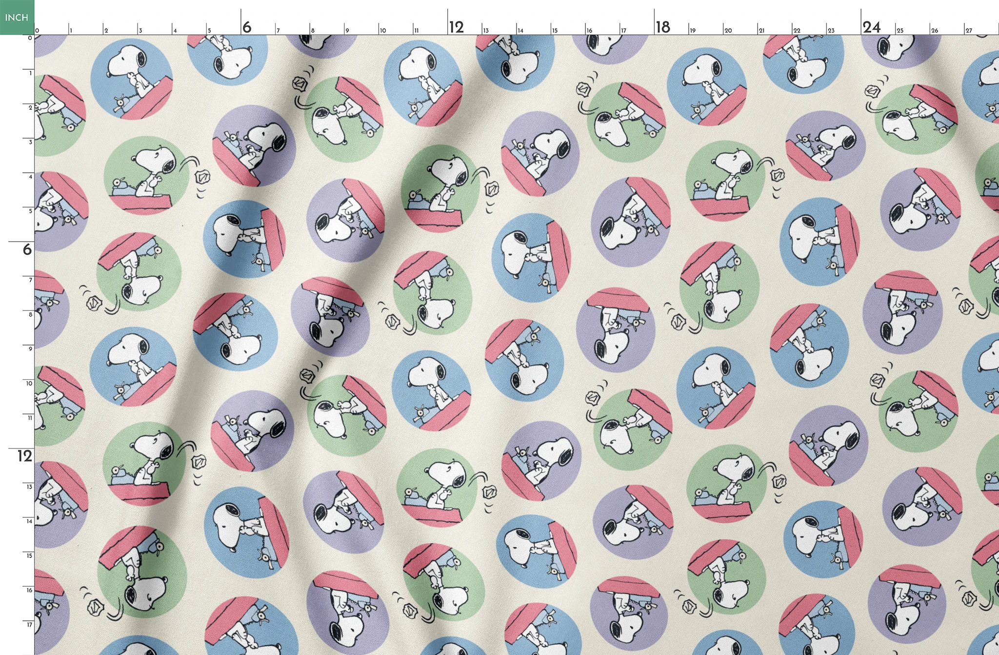 Cartoon Snoopy pattern with the beagle character in circular frames of blue, green, and purple backgrounds springs fatquarter mockup
