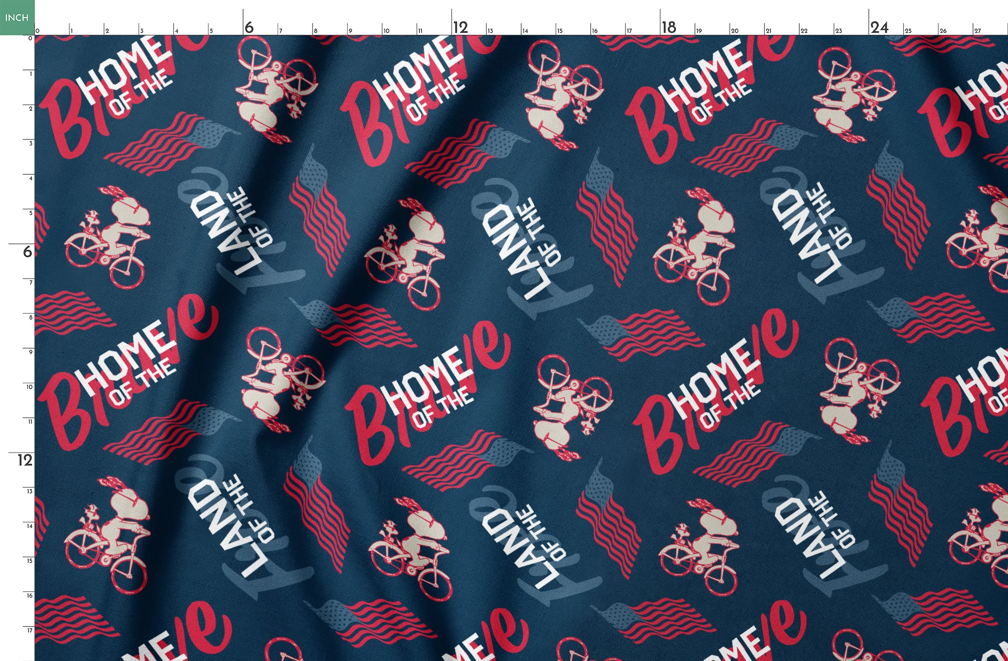 Repeating Peanuts "Home of the Brave" text pattern with bicycles on navy blue background with red wavy lines springs fatquarter mockup