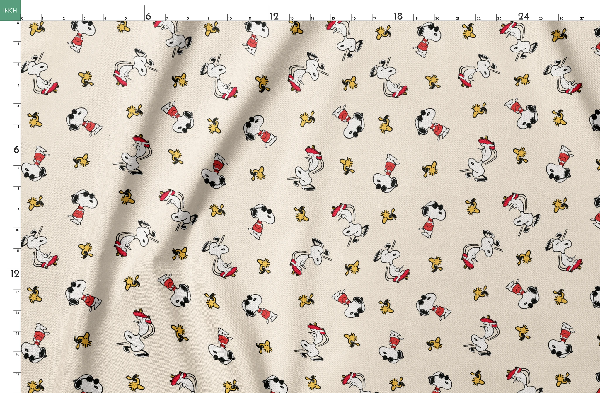 Snoopy and Woodstock on cream background, arranged in pattern springs fatquarter mockup