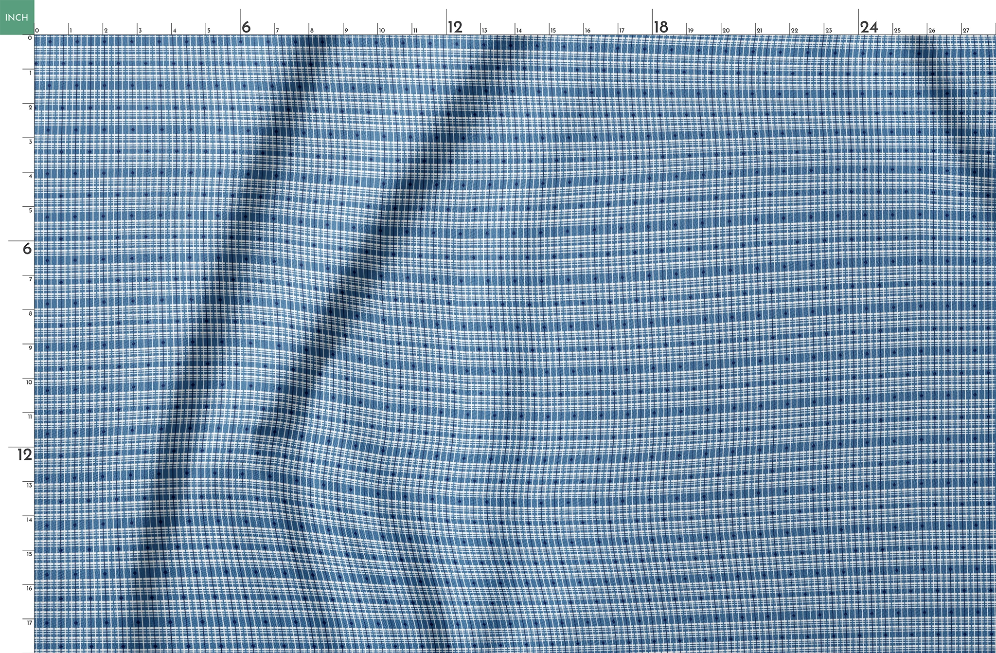 Blue and white plaid pattern with thin grid lines in various shades of blue on light background springs fatquarter mockup