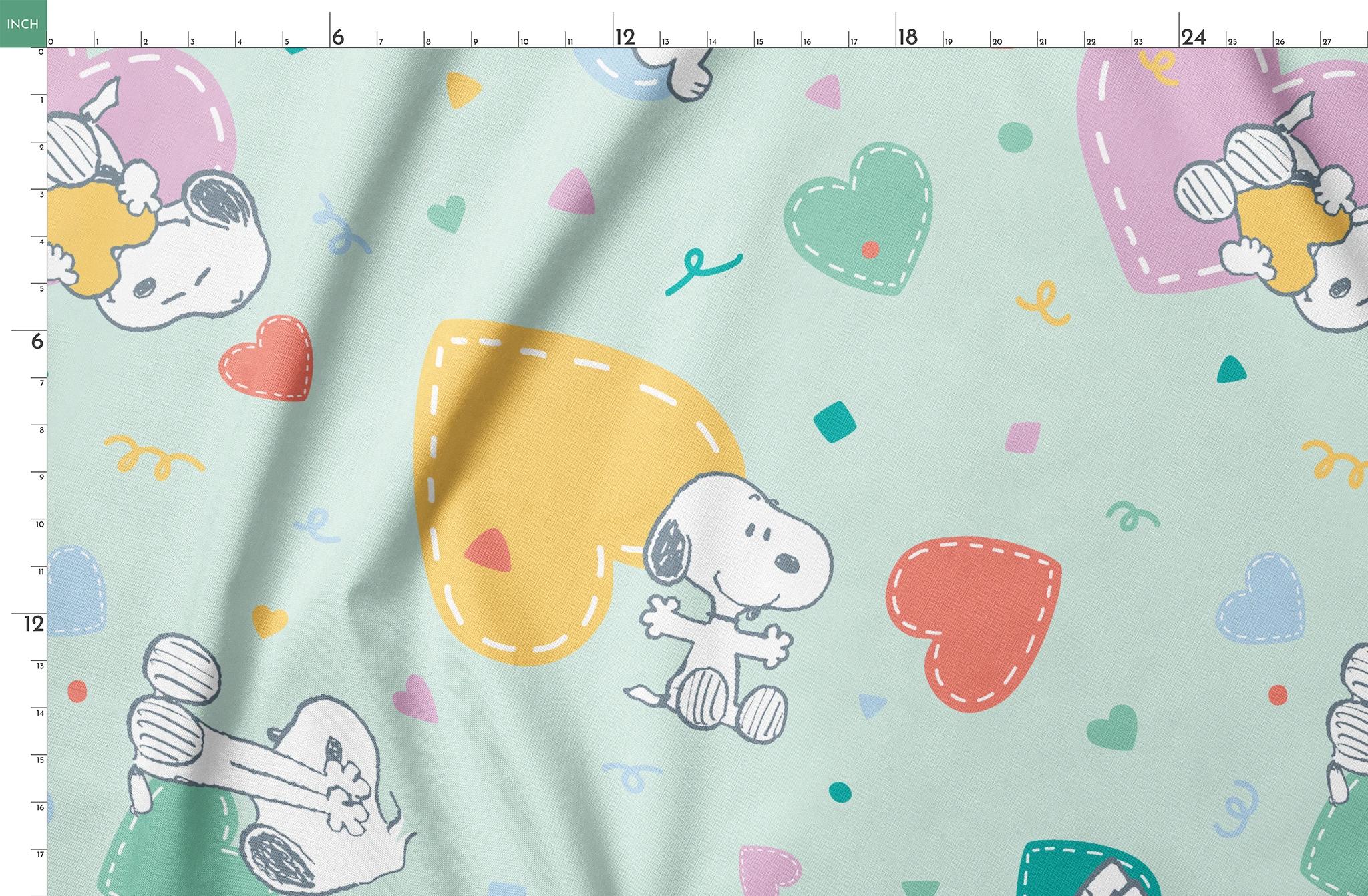 Cartoon Snoopy pattern with colorful hearts on mint green background, featuring different Snoopy poses springs fatquarter mockup