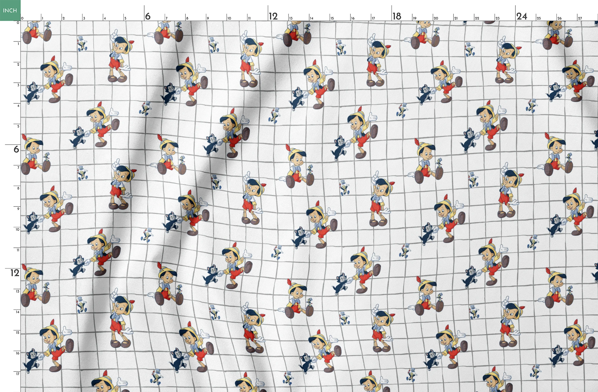 Classic cartoon puppets with red shorts, yellow hats on white grid pattern with small black cat figures springs fatquarter mockup