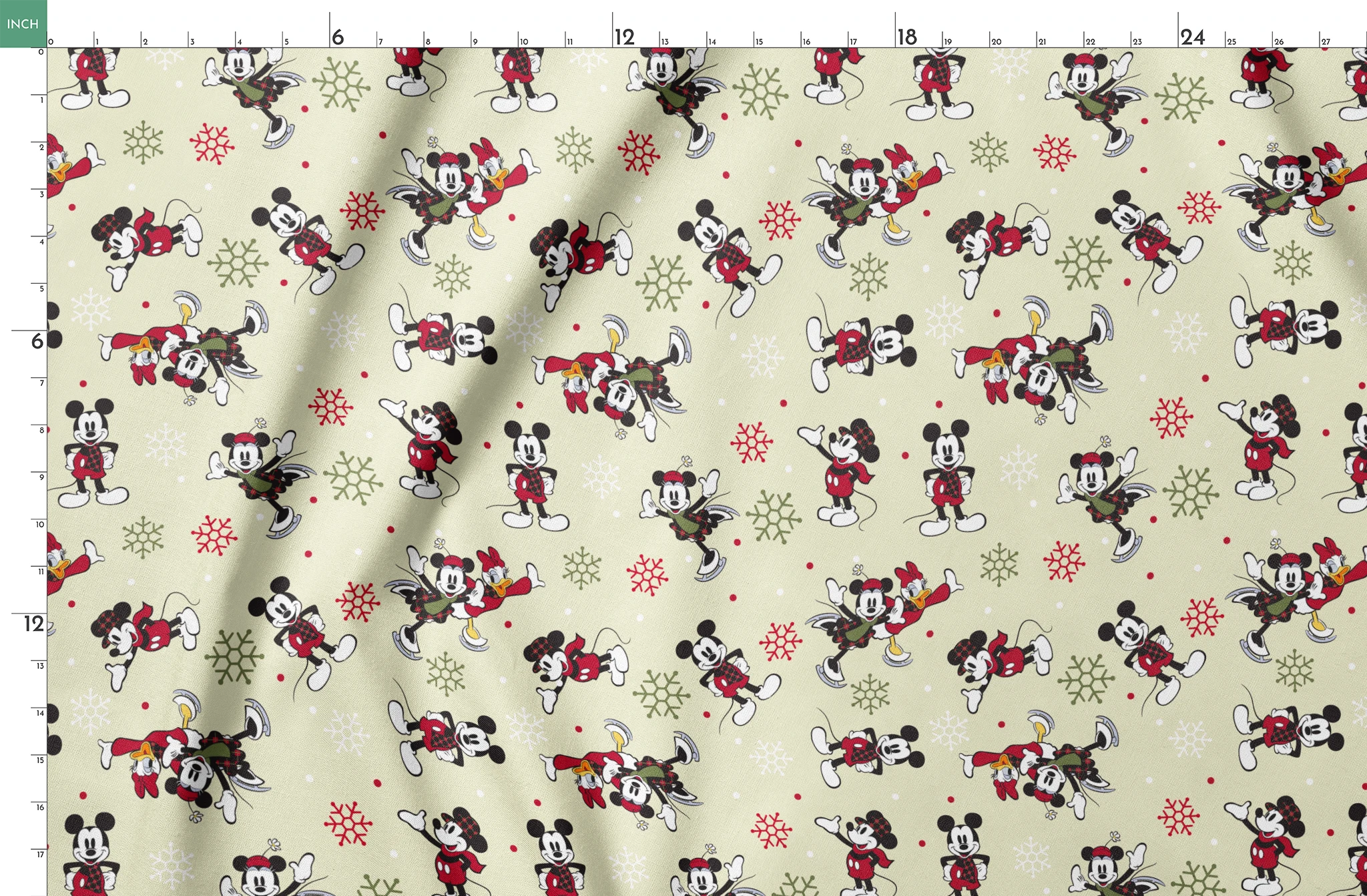 Holiday-themed cartoon mouse pattern with classic characters in red outfits on beige background with snowflakes. springs fatquarter mockup