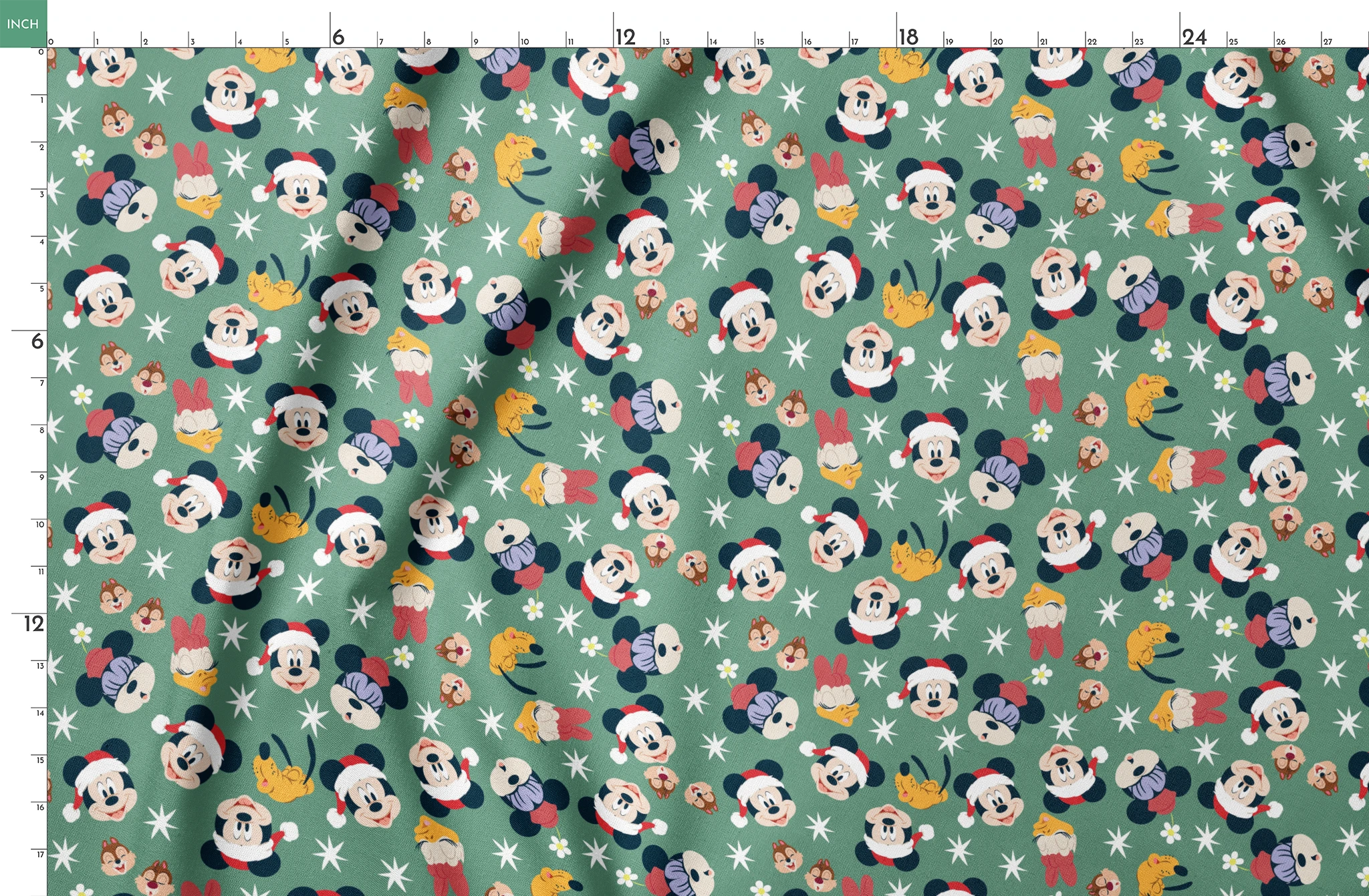 Mickey Mouse holiday pattern with characters wearing Santa hats on green background with stars and ornaments springs fatquarter mockup