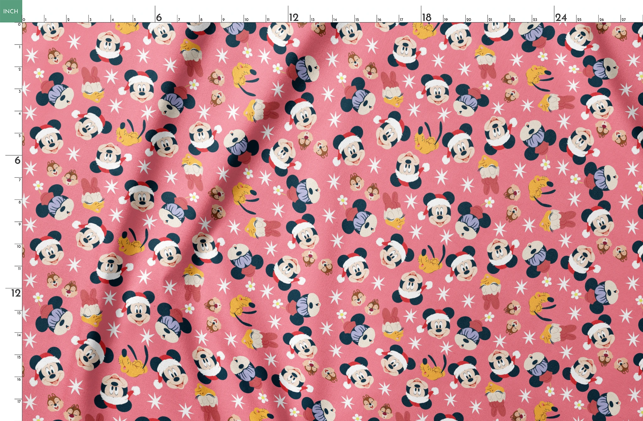 Mickey Mouse pattern with holiday elements on pink background, featuring white stars and gold accents springs fatquarter mockup