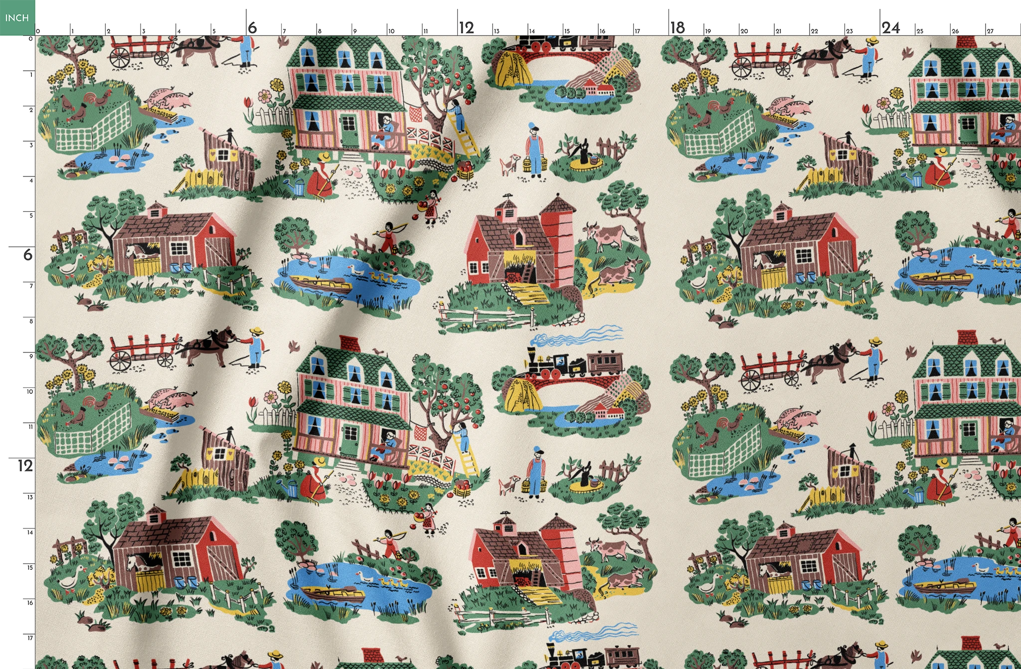Colorful folk art illustration of country scenes with pink farmhouse, barns, and rural activities springs fatquarter mockup