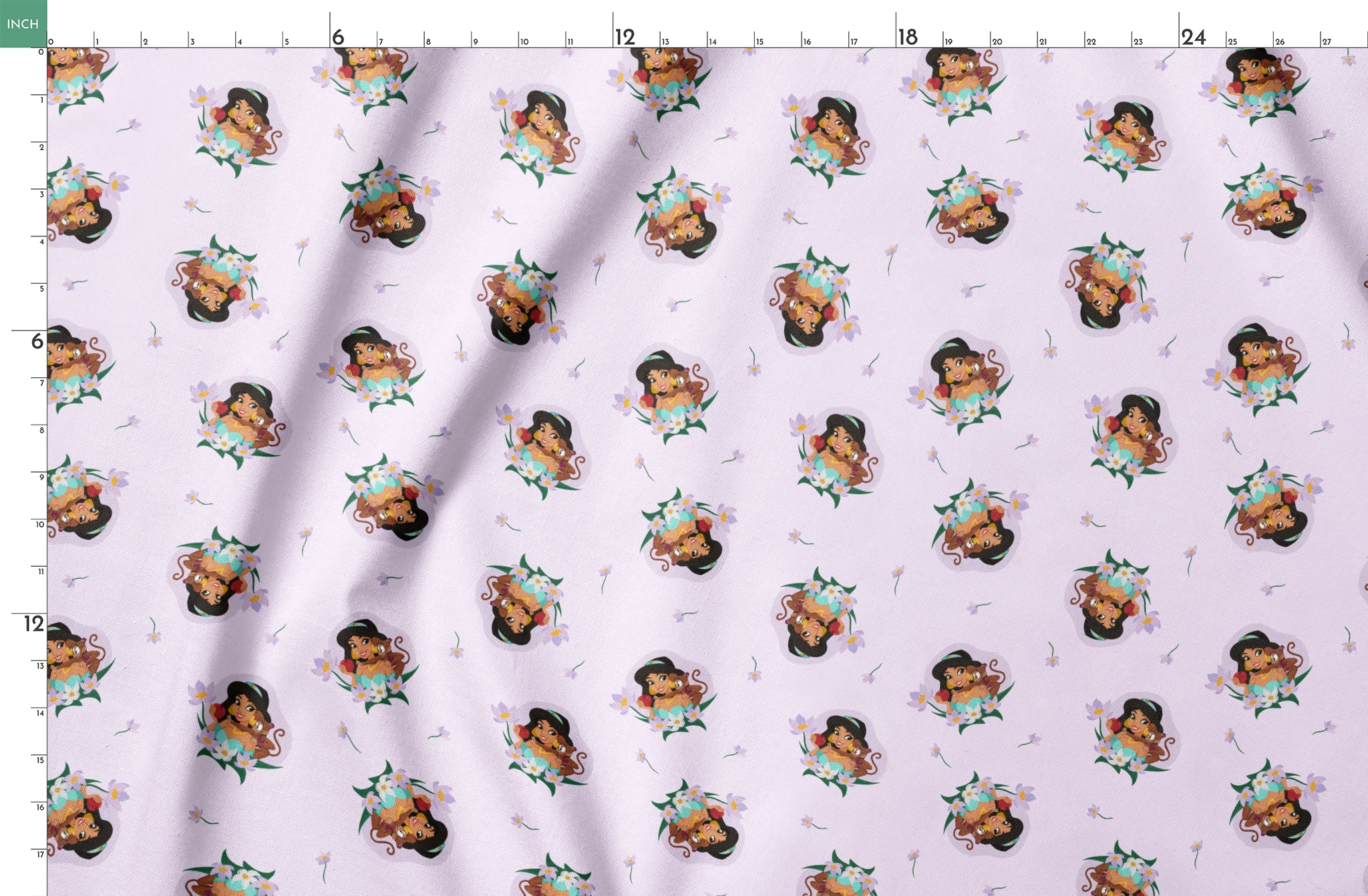 Cartoon pattern of Princess Jasmine with tiger cub surrounded by flowers on light pink background springs fatquarter mockup