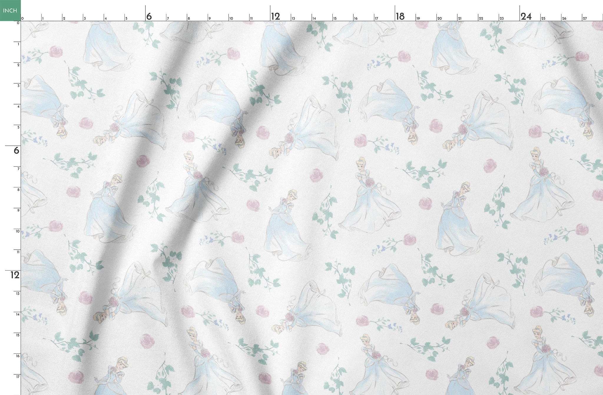 Delicate pattern of flowing blue dresses, pink roses, and mint green foliage on a light background springs fatquarter mockup