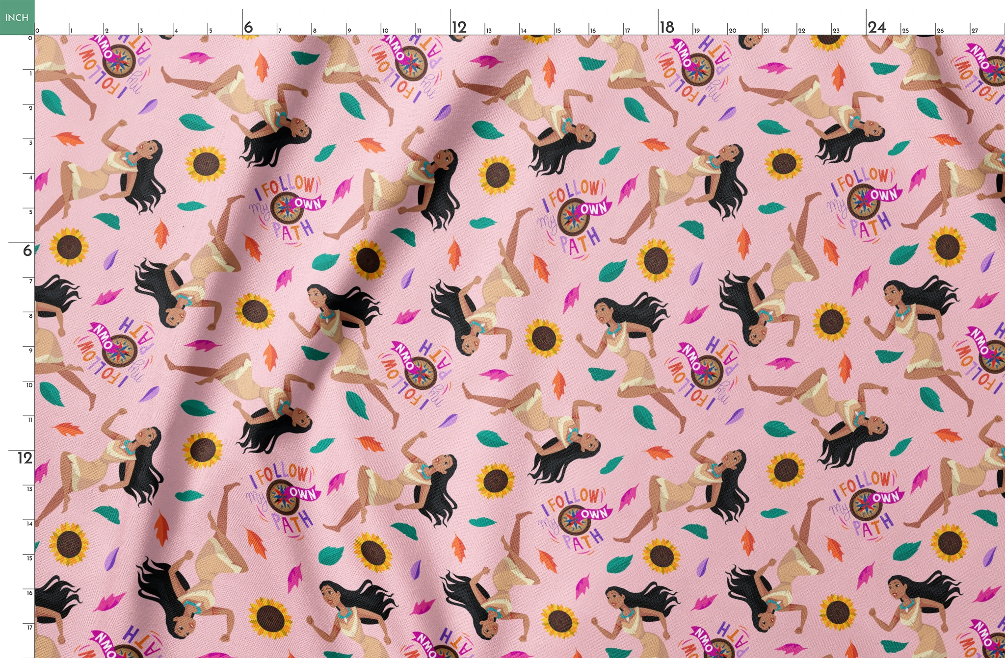Colorful pattern with figures in relaxed poses, sunflowers, and text "Hi I Follow My Own Path" on pink background springs fatquarter mockup