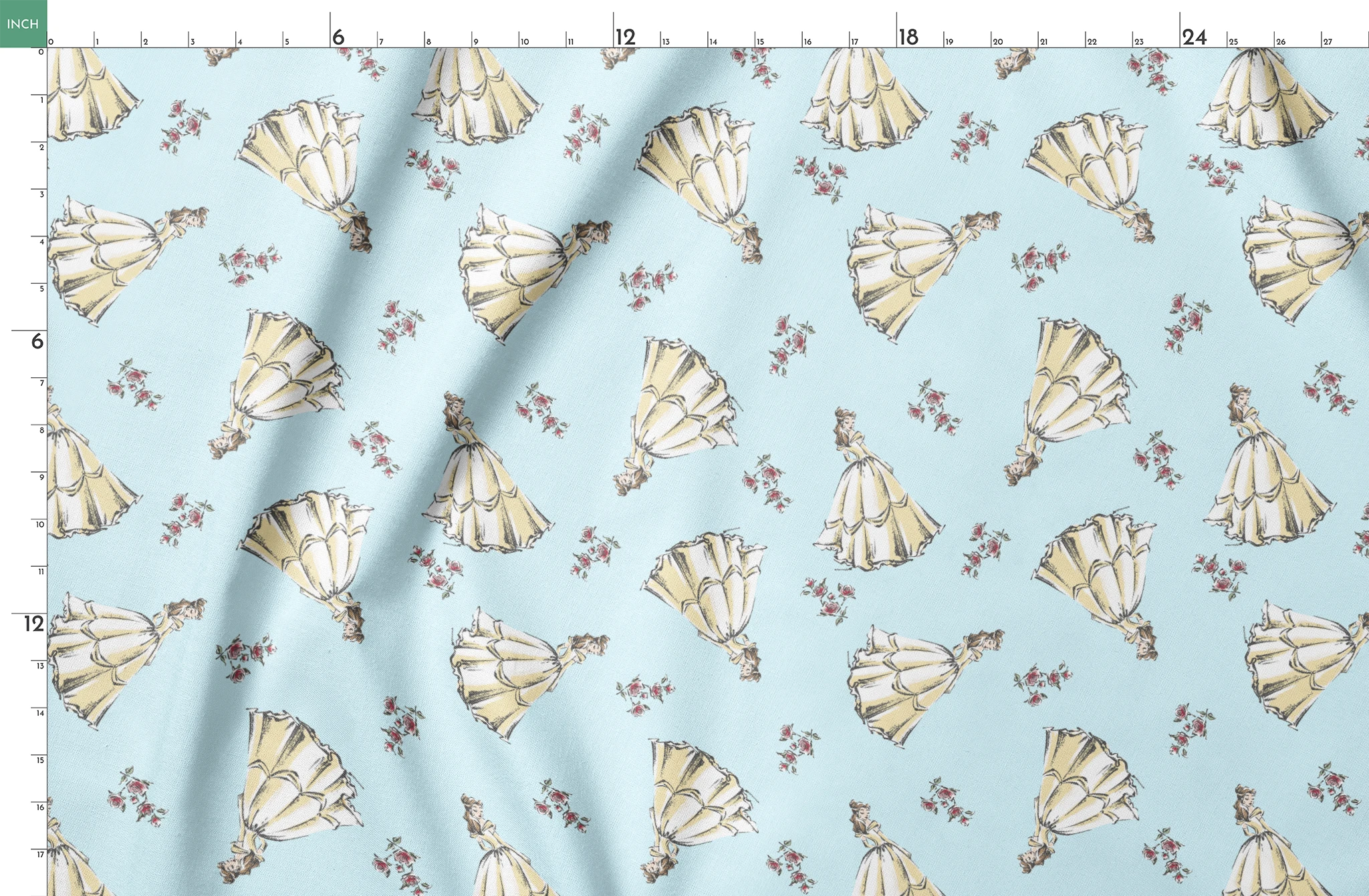 Light yellow pleated bell-shaped objects with small pink floral accents scattered on pale blue background springs fatquarter mockup