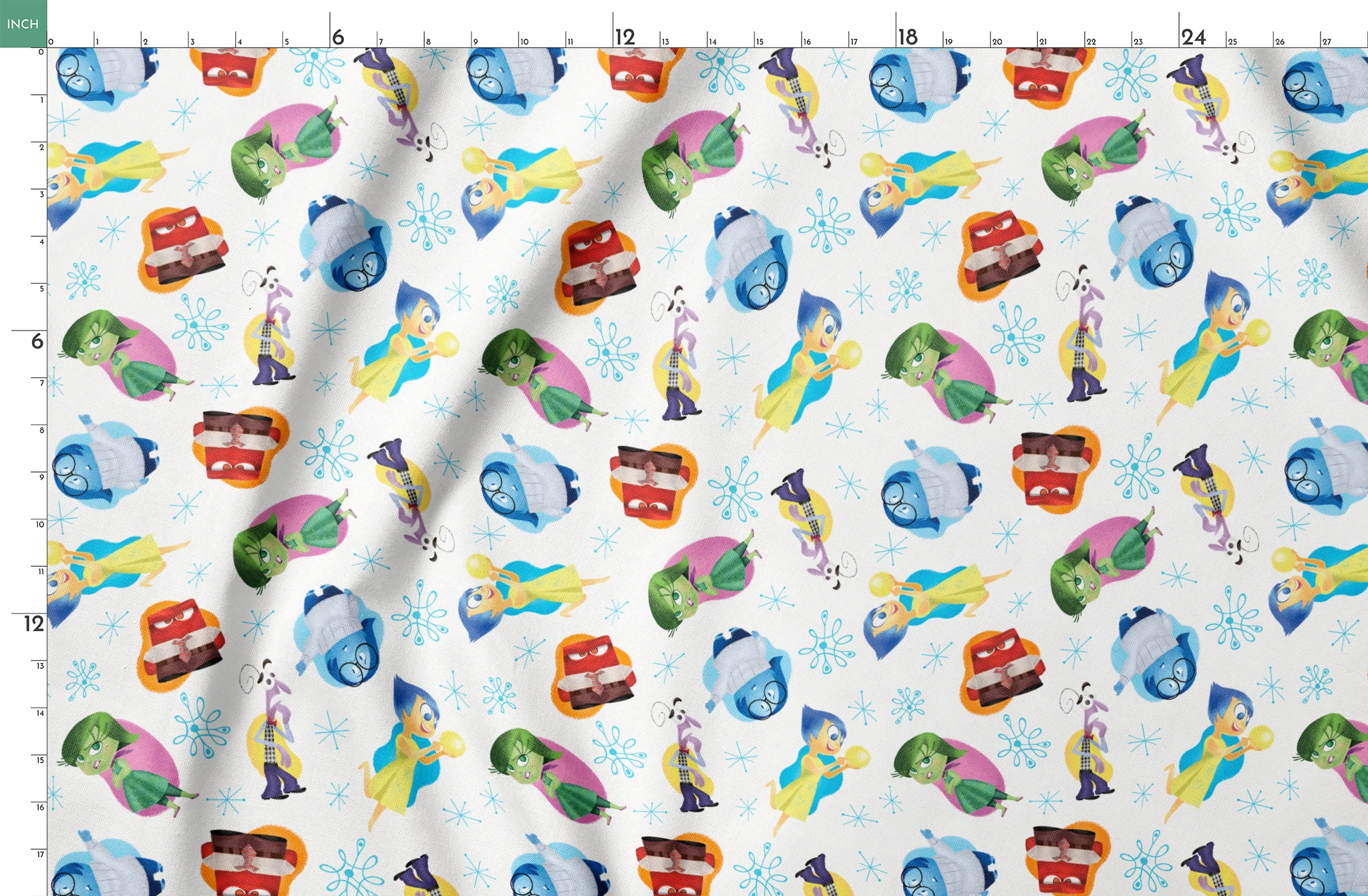 Colorful pattern of cartoon Inside Out characters with snowflake accents on white background springs fatquarter mockup