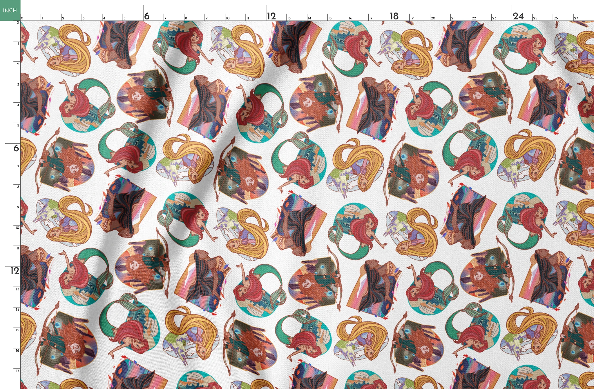 Colorful illustrated pattern of Disney princesses with curved decorative elements on white background springs fatquarter mockup