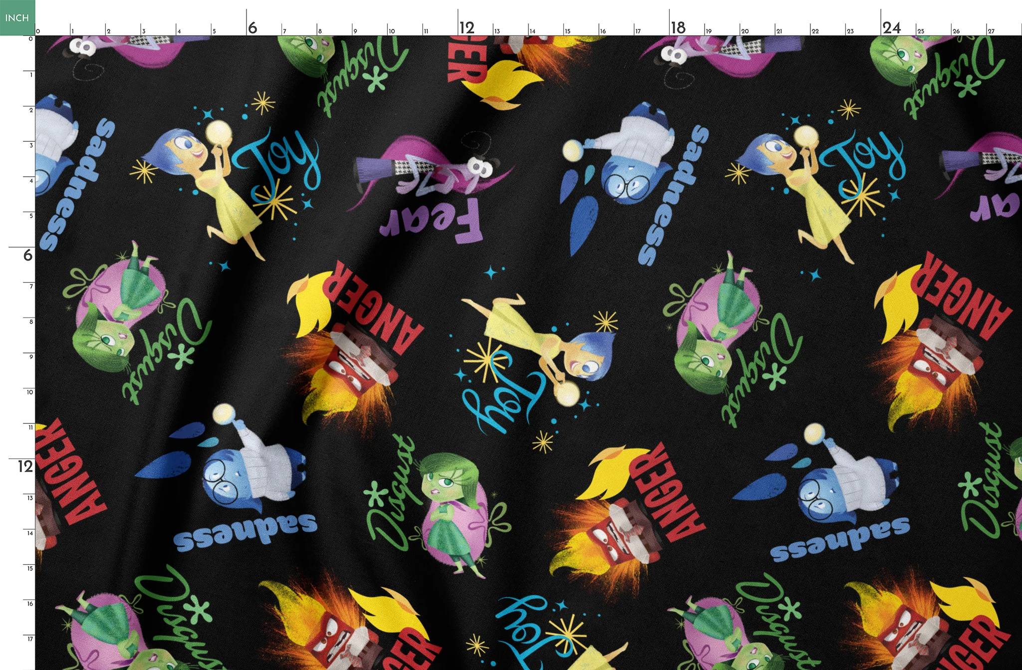 Colorful Pixar pattern on black background with Inside Out characters and emotion words like "Fear springs fatquarter mockup