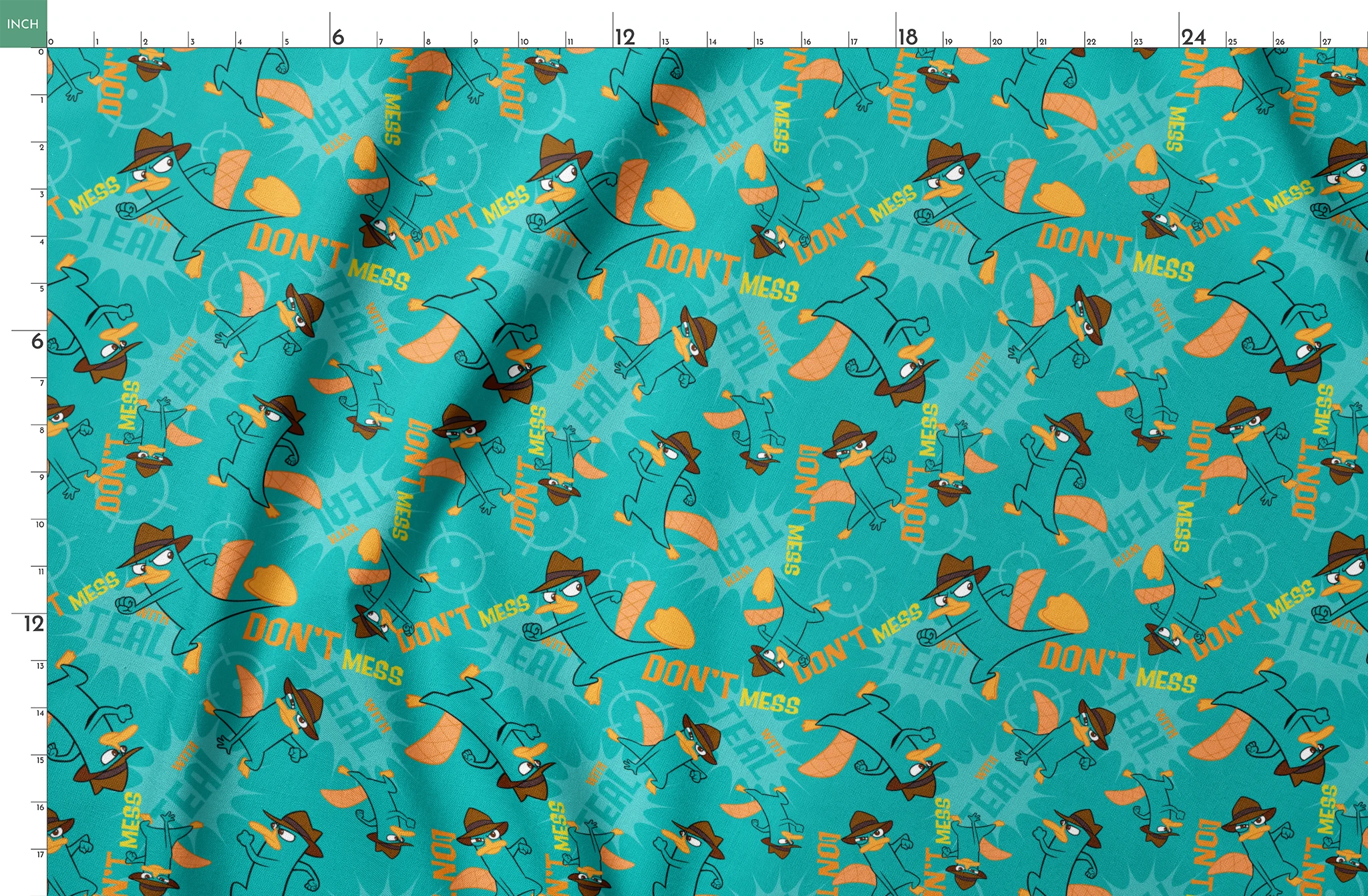 Cartoon pattern of platypus character in fedora hat with orange elements on teal background springs fatquarter mockup