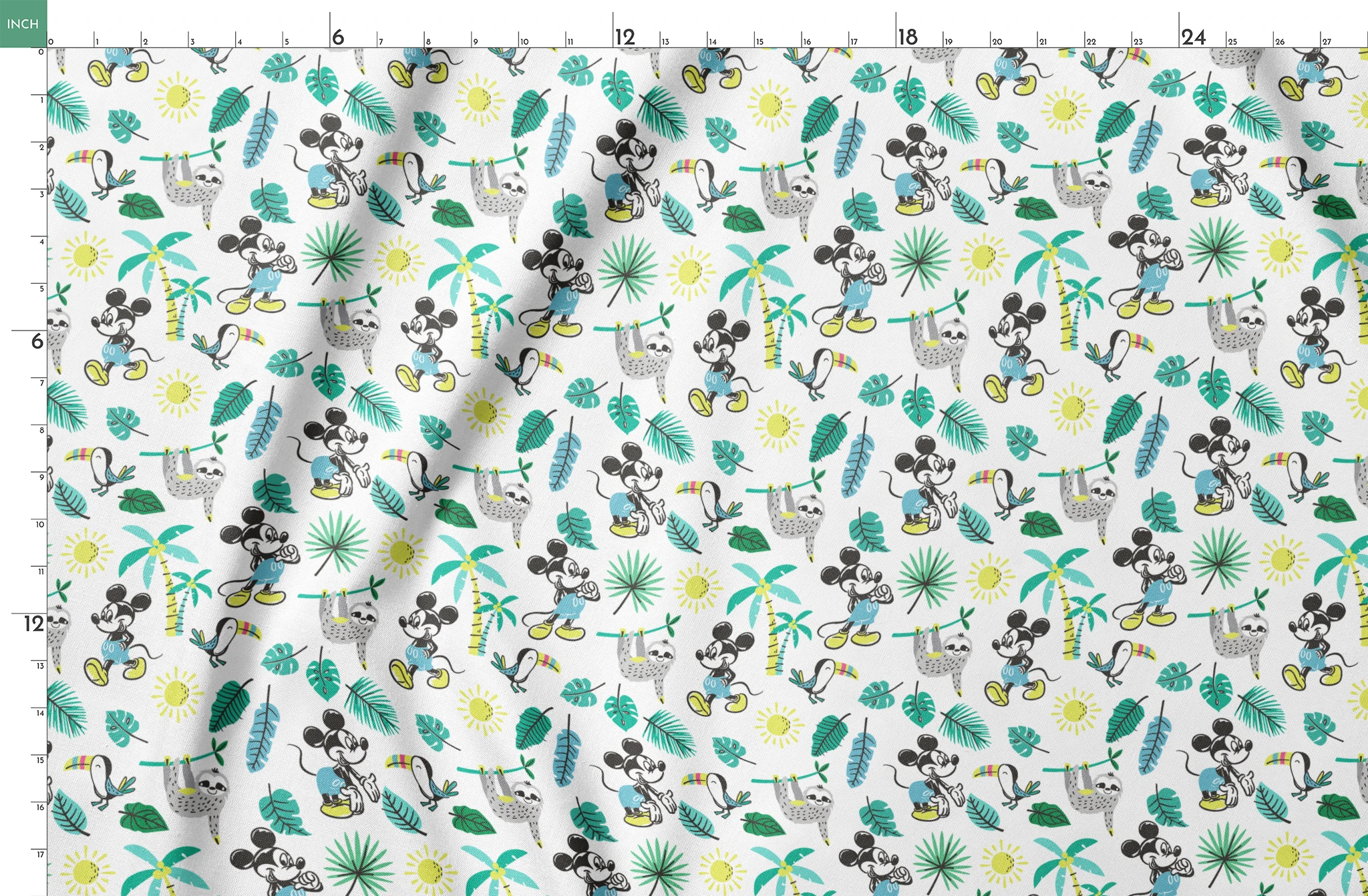 Tropical pattern with cartoon characters, sloths, toucans, palm leaves, and suns on white background springs fatquarter mockup