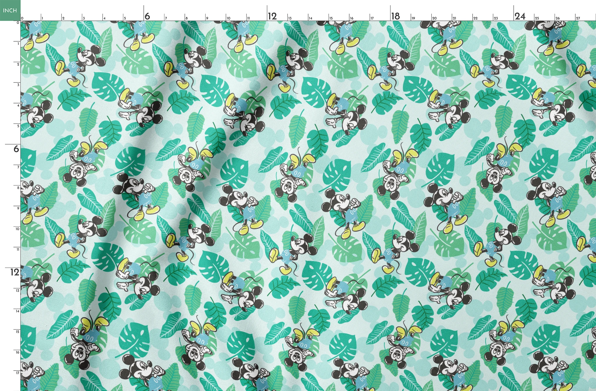 Colorful pattern with cartoon mice characters and tropical green leaves on a light blue background springs fatquarter mockup
