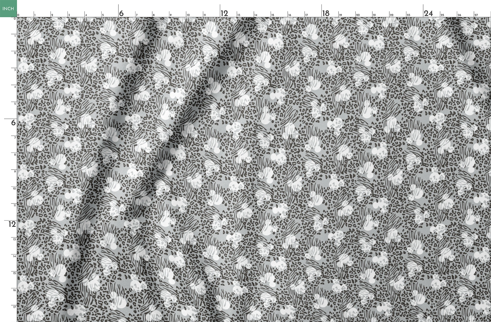 Animal print pattern with zebra stripes and leopard spots in black and white on gray background springs fatquarter mockup