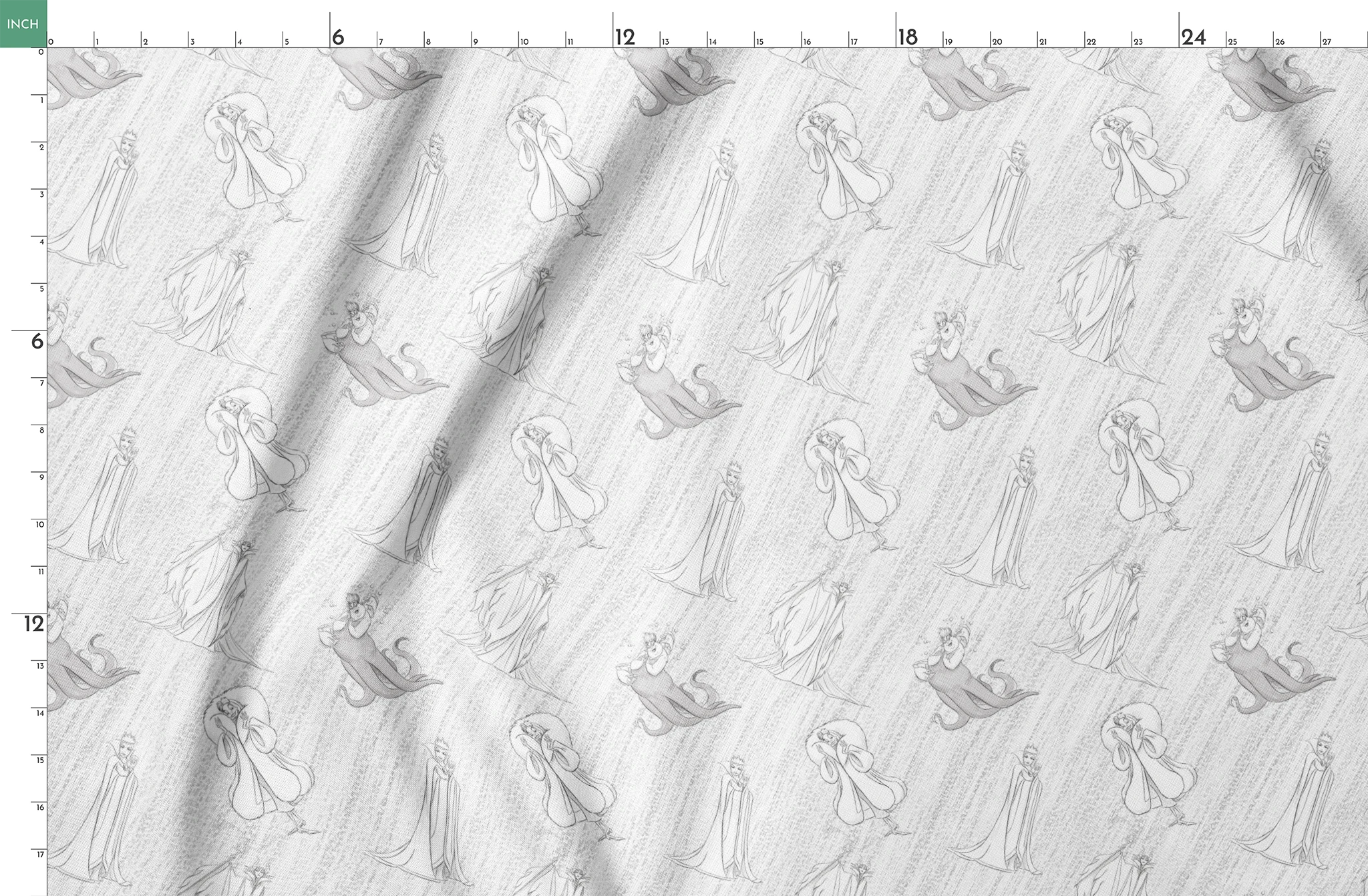 Sketched Disney villains scattered across a textured diagonal background in grayscale springs fatquarter mockup