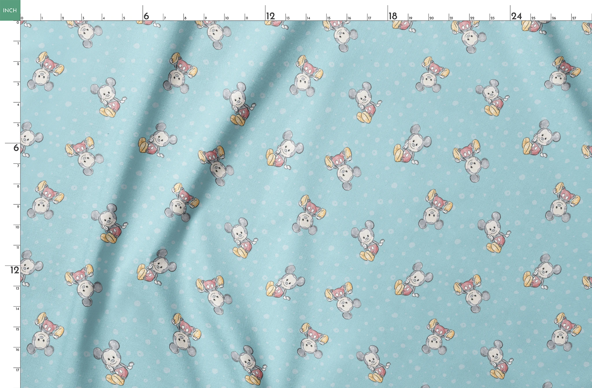 Cute cartoon mouse pattern with gray mice wearing colorful outfits on light blue polka dot background springs fatquarter mockup