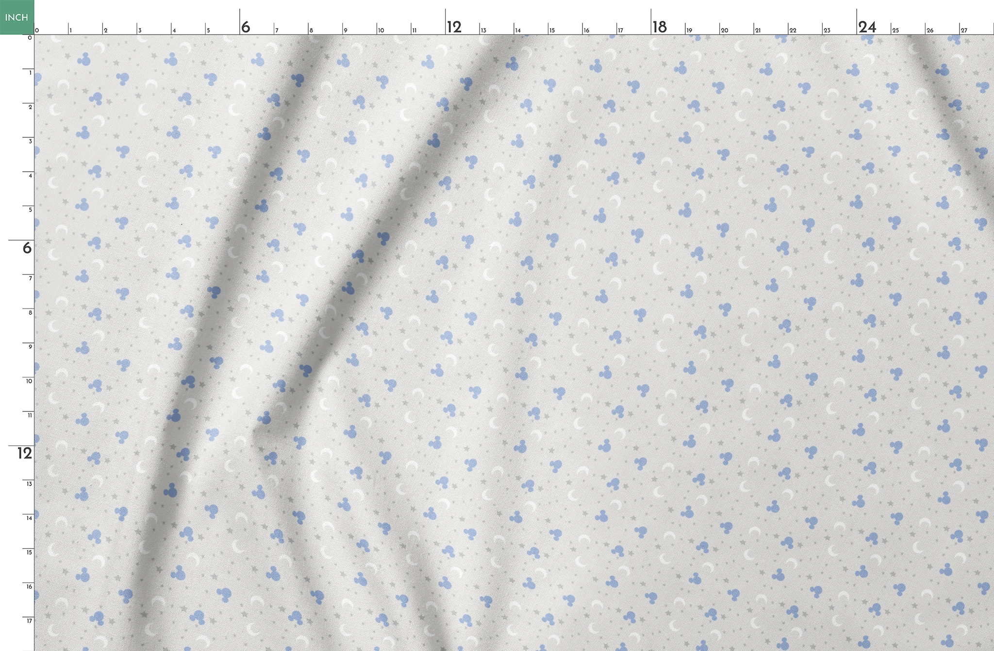 Blue Mickey Mouse silhouettes with white moons and gray stars on light gray background springs fatquarter mockup
