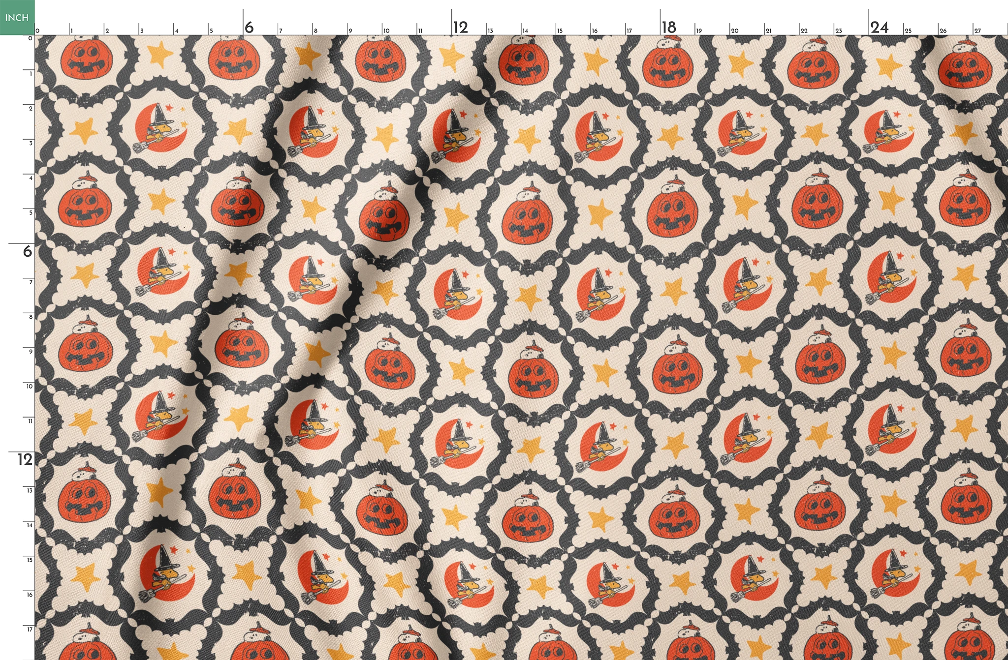 Peanuts Halloween pattern with orange jack-o'-lanterns, crescent moons with witch hats, yellow stars, and black bat borders on cream background springs fatquarter mockup