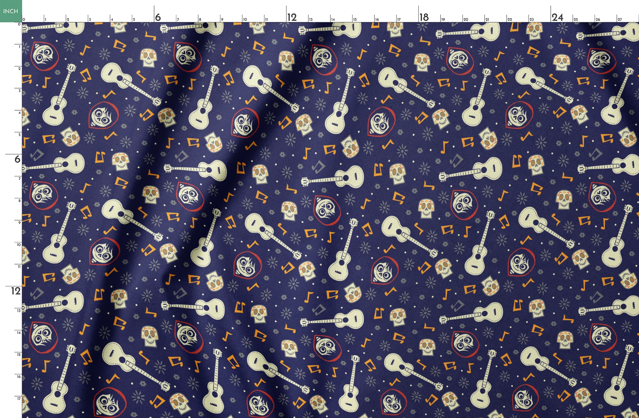 Coco dark blue pattern with white acoustic guitars, decorative skulls, orange musical notes, and circular designs scattered across a starry background. springs fatquarter mockup