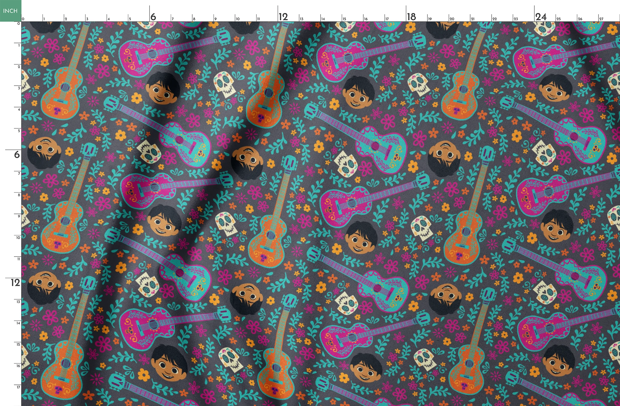 Colorful Coco pattern with decorative guitars, sugar skulls, cartoon characters, and floral elements on teal background. springs fatquarter mockup