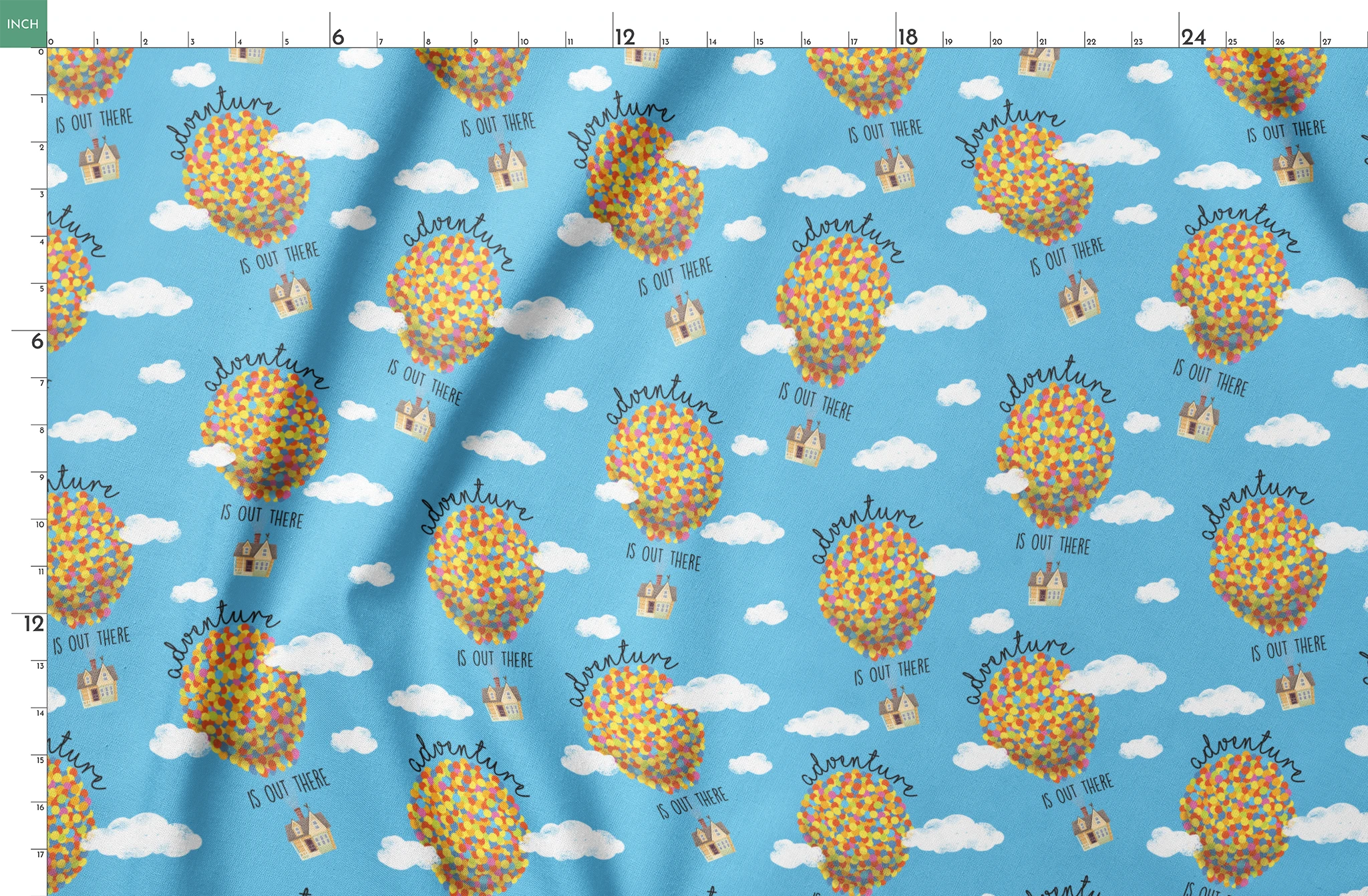 Colorful Up-inspired balloon houses floating in blue sky with text "Adventure is out there" repeating in pattern springs fatquarter mockup