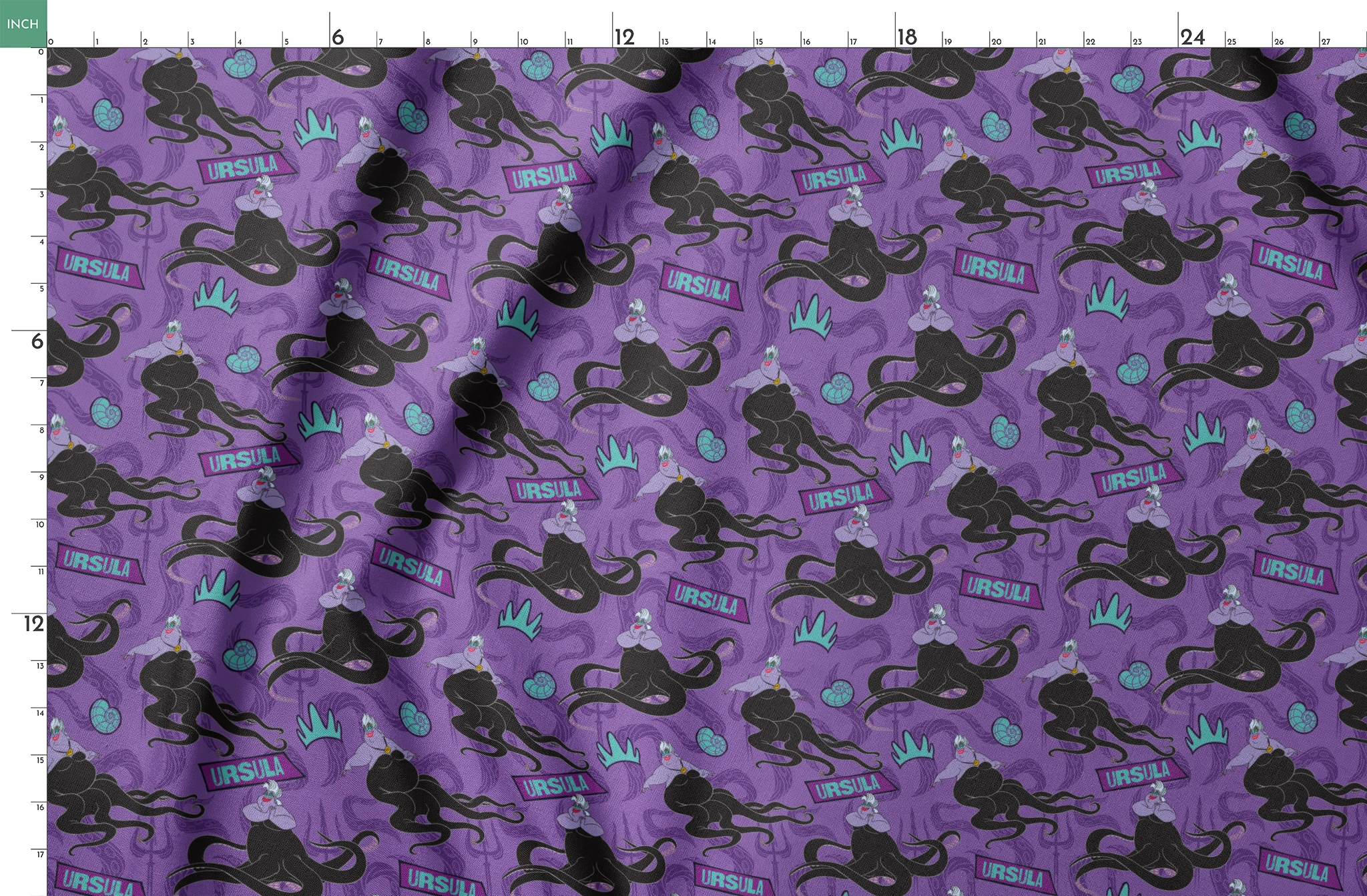Purple background with Ursula silhouettes, tentacles, turquoise crowns, and name plates in repeating pattern springs fatquarter mockup