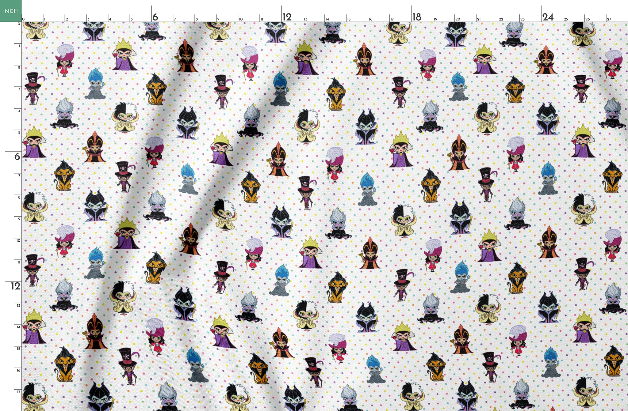 Cartoon Disney villain characters in chibi style scattered on polka dot background, including figures with crowns, capes, and distinctive colorful designs springs fatquarter mockup