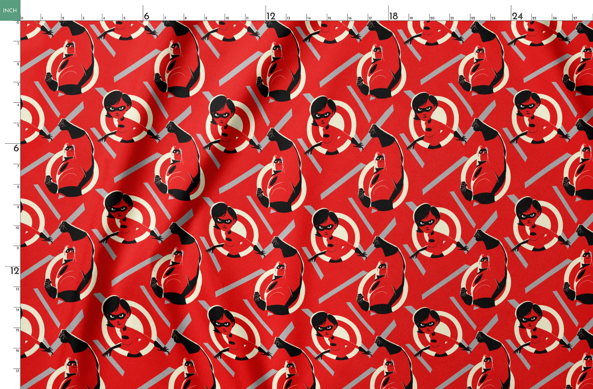 Stylized Incredibles characters in red, black and white with a dynamic pose against spiral background pattern. springs fatquarter mockup