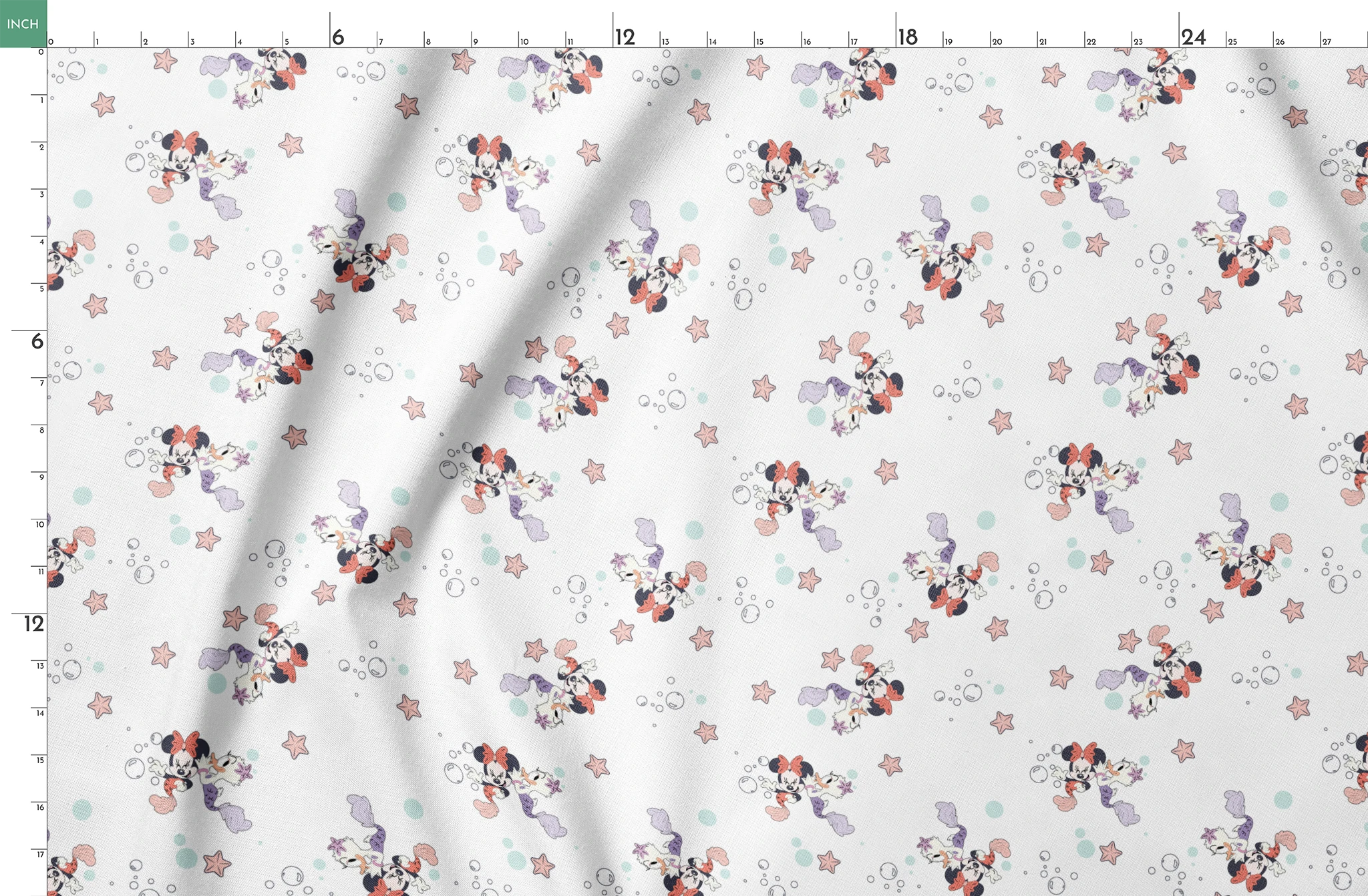 Minnie Mouse pattern with pastel stars and bubbles on white background, playful cartoon style springs fatquarter mockup