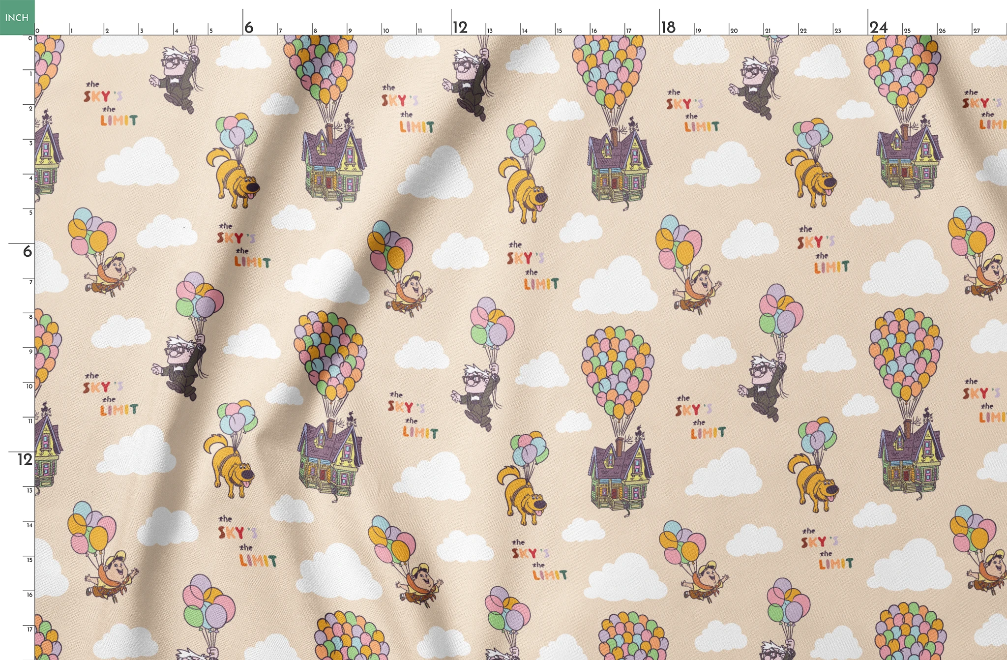 Pixar Up's characters floating with colorful balloons against beige sky with "sky's the limit" text springs fatquarter mockup