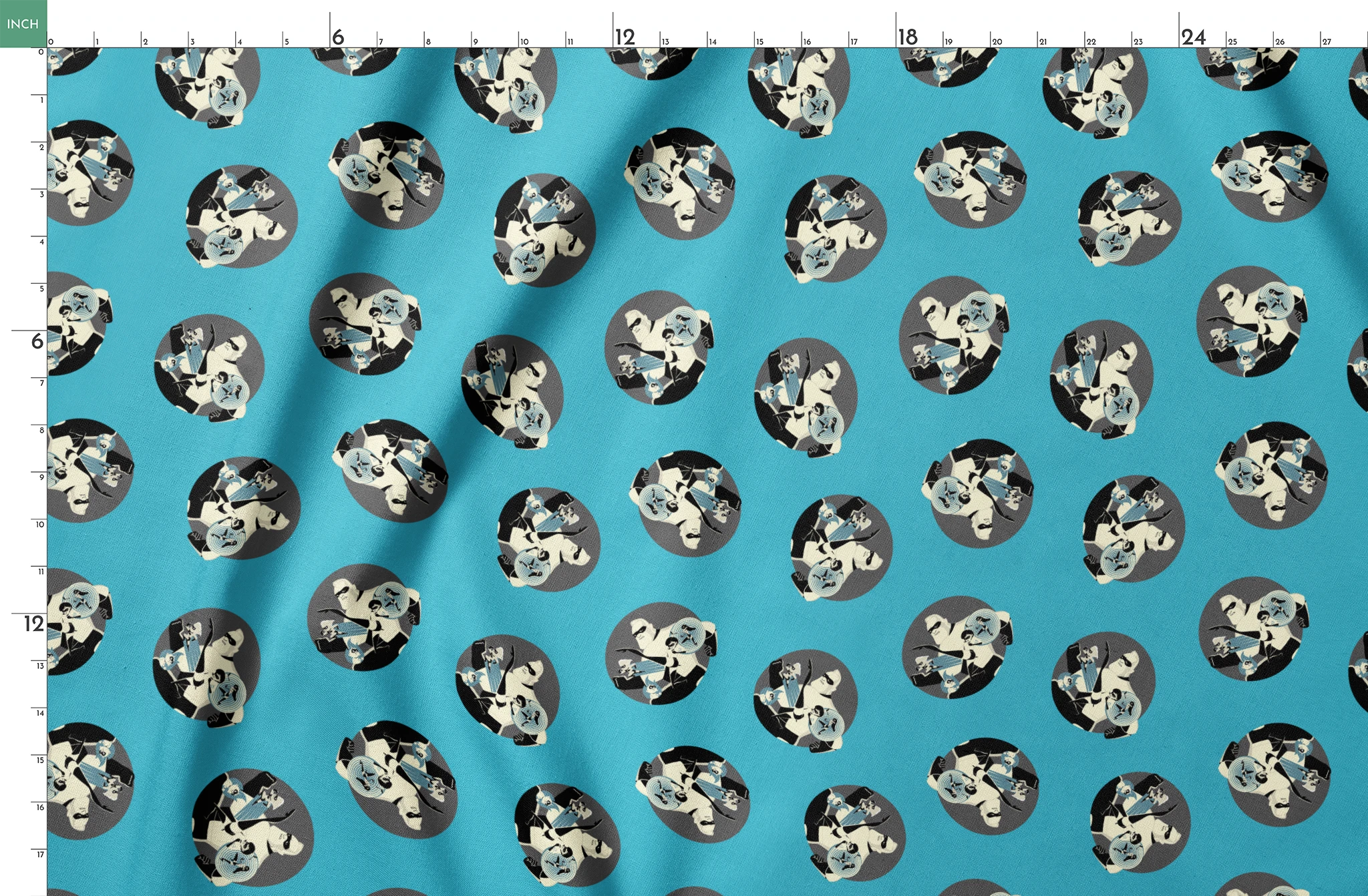 Repeating circular pattern of The Incredibles characters in gray circles on light blue background springs fatquarter mockup
