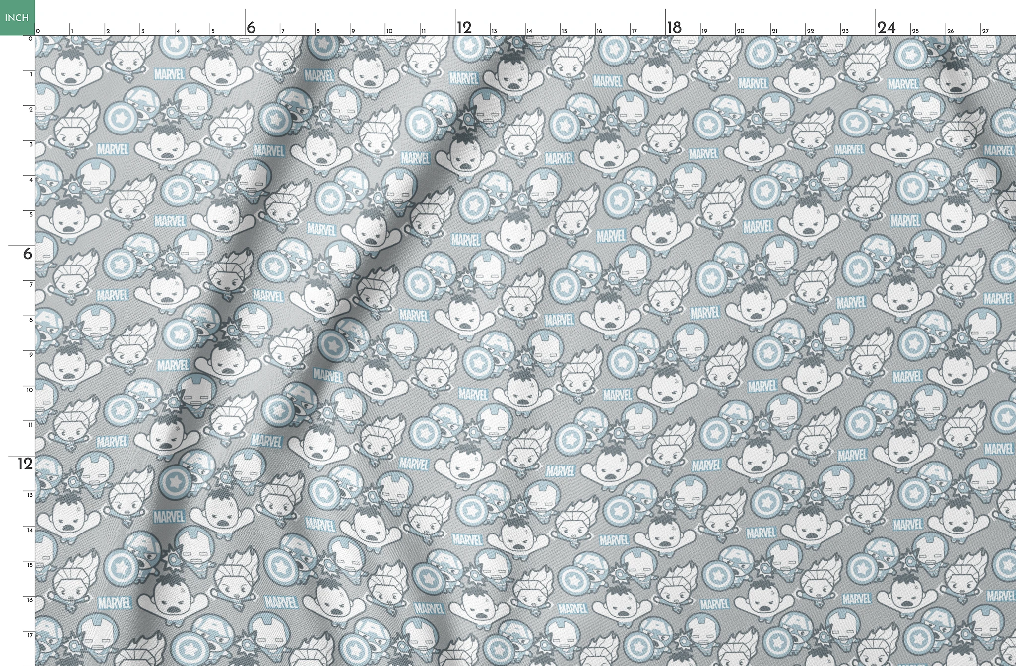 Cute cartoon Marvel superhero pattern with simplified characters and icons on gray background springs fatquarter mockup