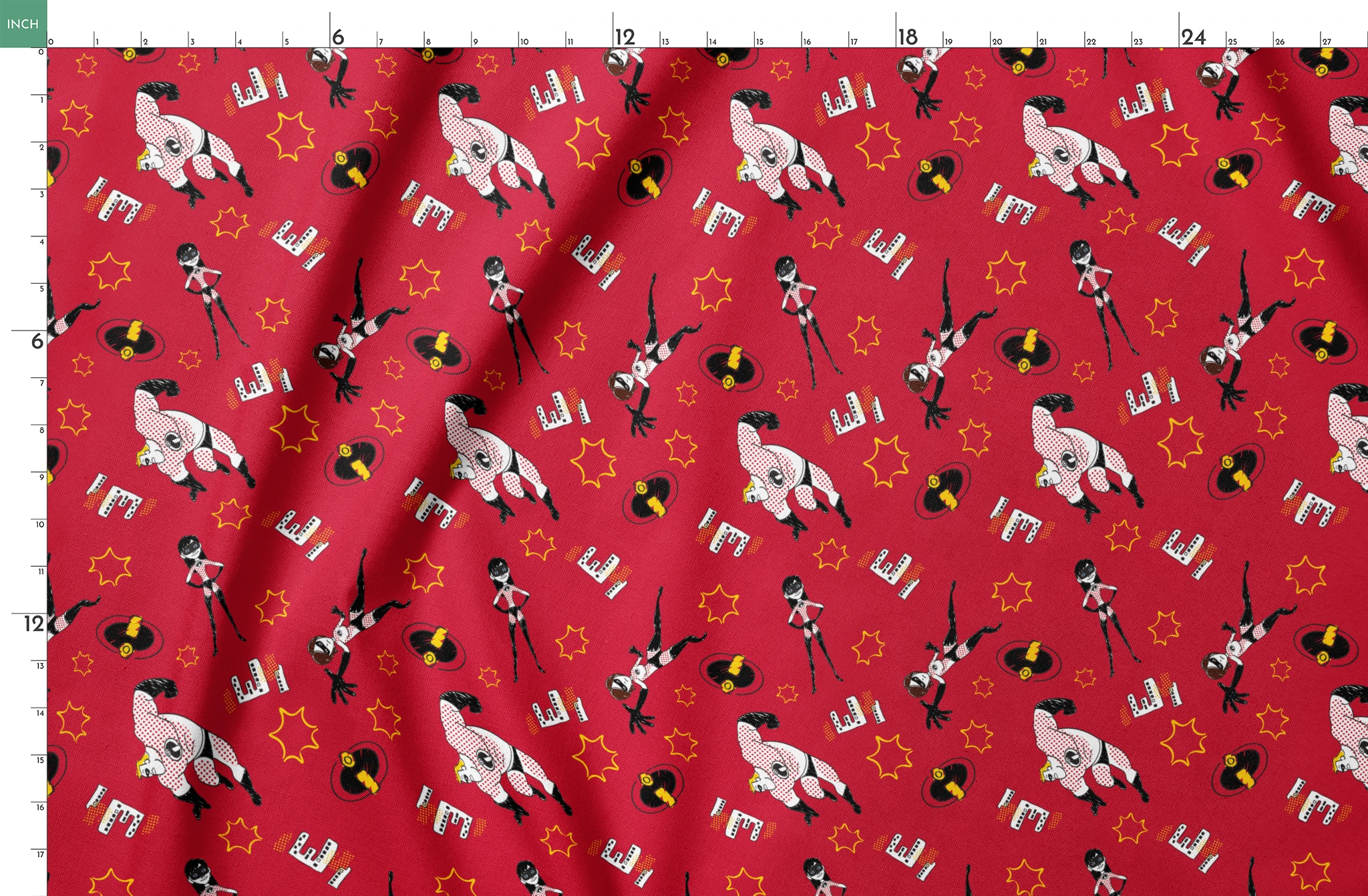 Red background pattern with The Incredibles, yellow stars, and comic book style graphic elements springs fatquarter mockup